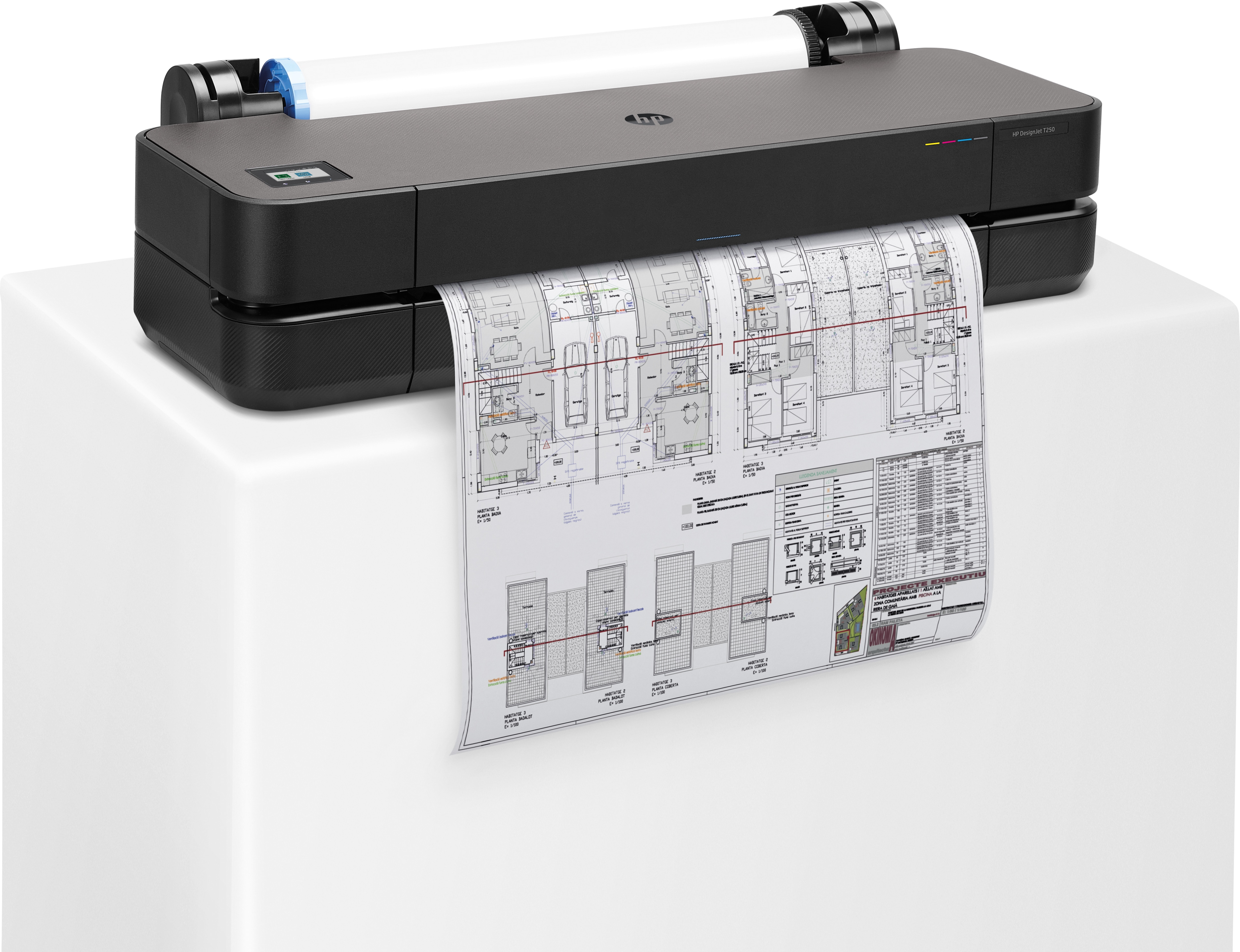 Ein schwarzer HP DesignJet T250 Drucker druckt Architekturpläne auf weißem Papier.