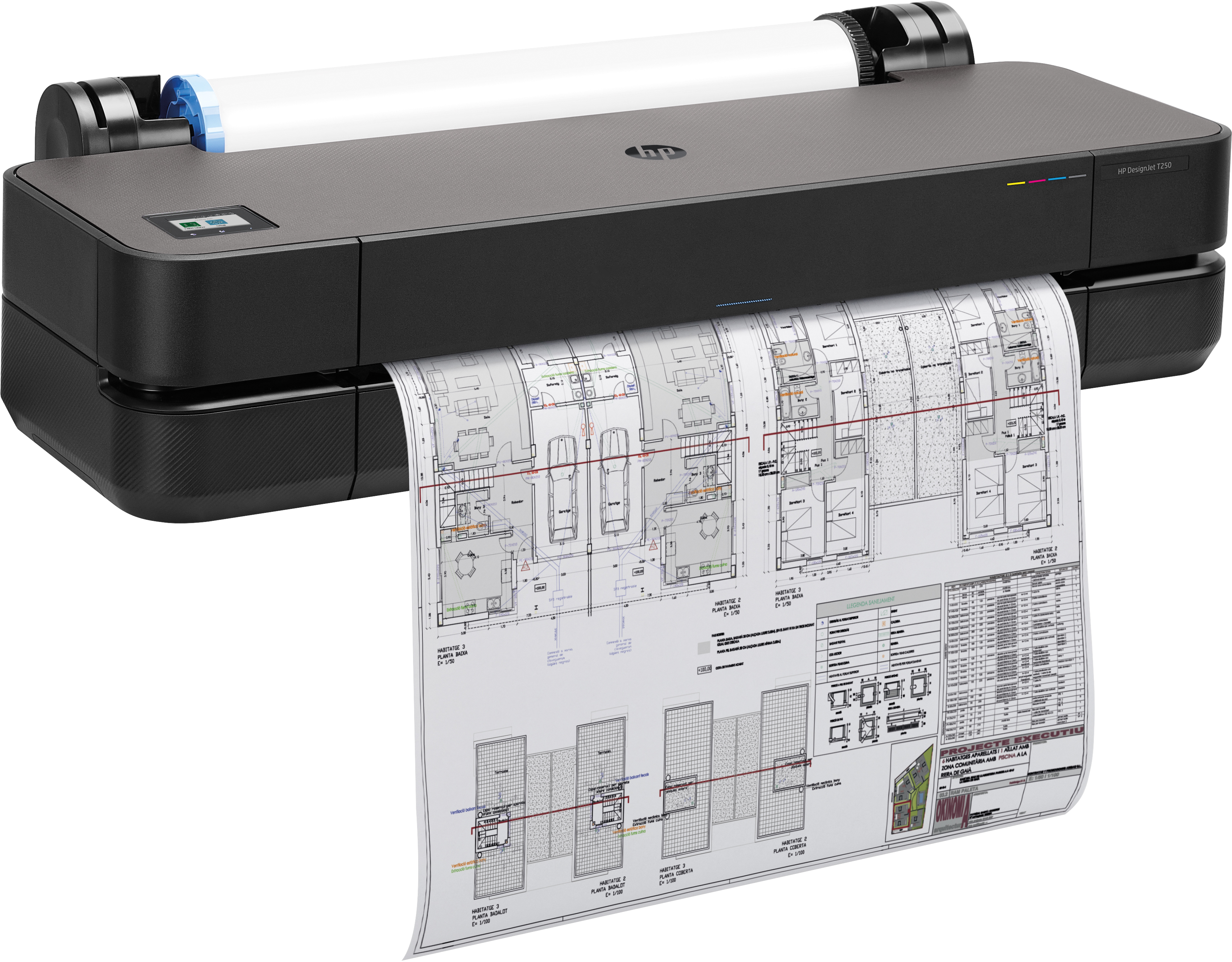 Schwarzer Drucker, der Architekturpläne druckt. Weißes Papier kommt heraus. Oben befindet sich eine weiße Papierrolle.