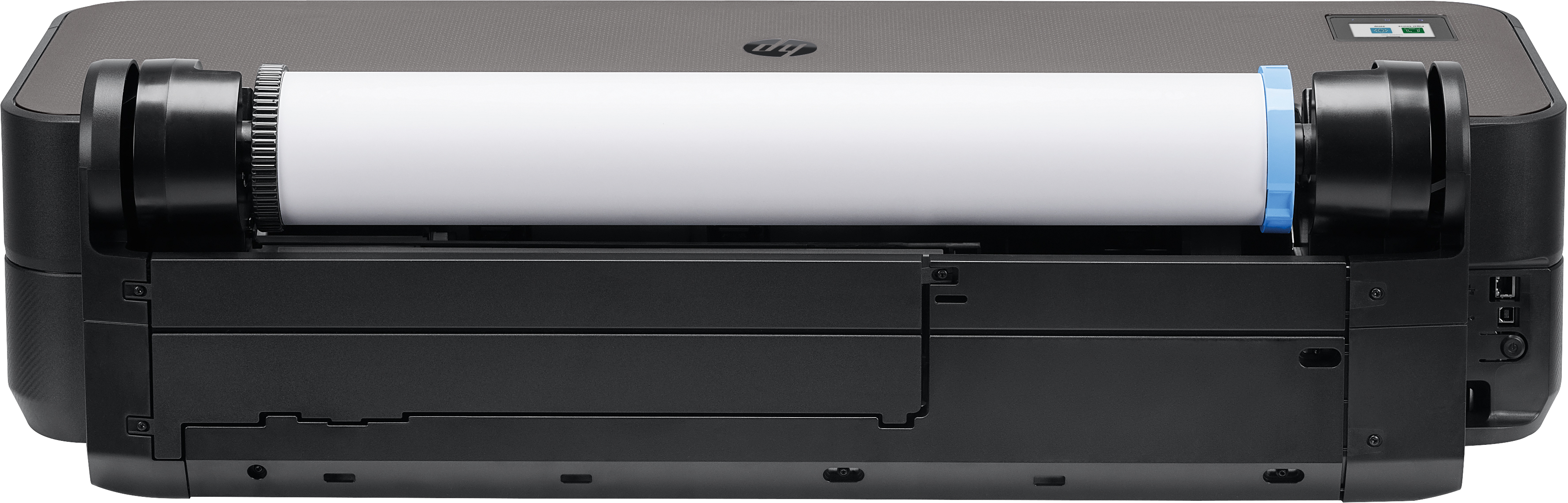 Ein schwarzer HP-Drucker mit einer großen weißen Papierrolle. Der Drucker hat ein digitales Display und Anschlüsse.