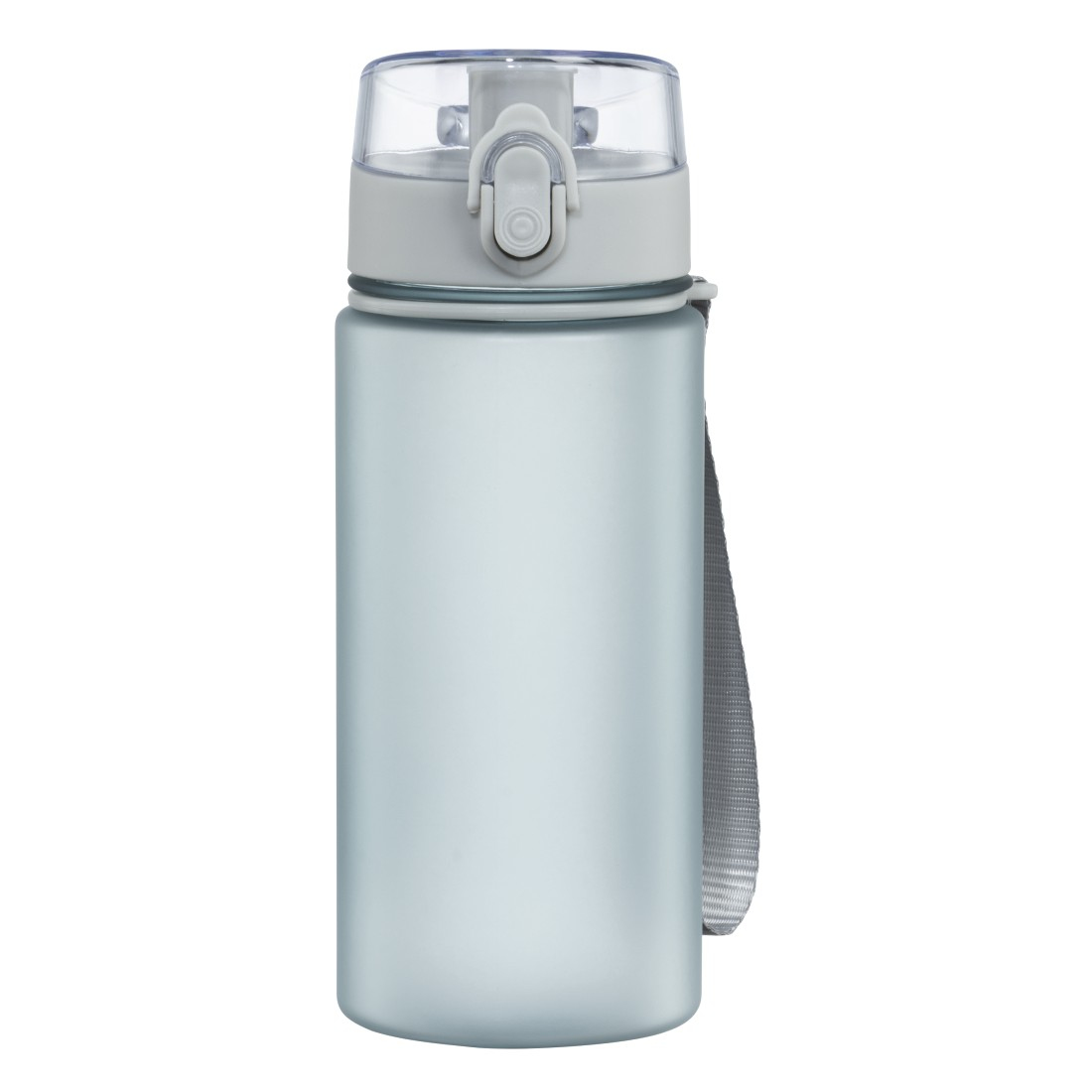 Eine hellblaue Wasserflasche mit grauem Deckel und Riemen. Der Deckel hat eine transparente Oberseite und einen sicheren Verschluss. Der Hintergrund ist weiß.