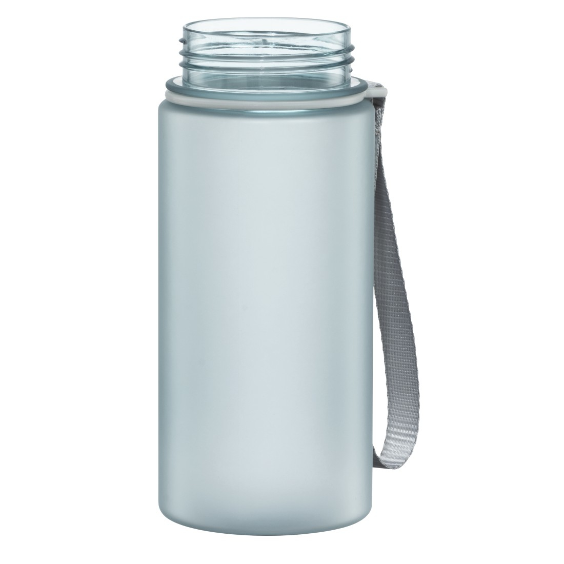 Eine klare, hellblaue Wasserflasche mit einem grauen Riemen. Die Flasche ist zylindrisch mit einer weiten Öffnung und einem Schraubverschluss.