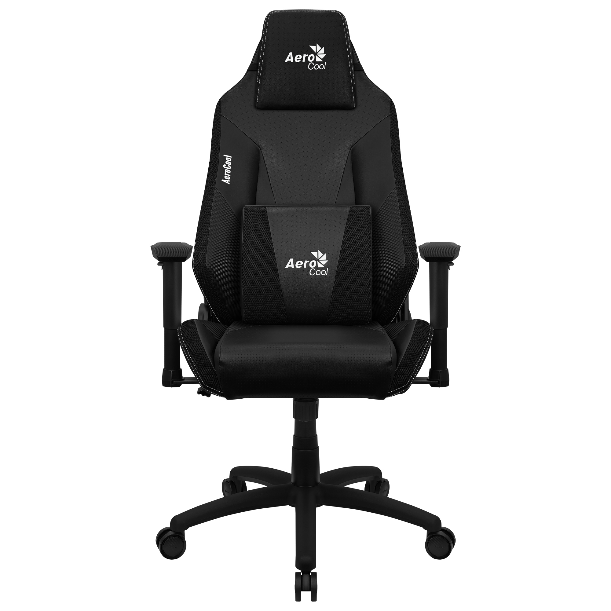 Czarny fotel gamingowy AeroCool. Posiada zagłówek, podparcie lędźwi, podłokietniki i pięcioramienną podstawę z kółkami. Widoczne logo AeroCool.