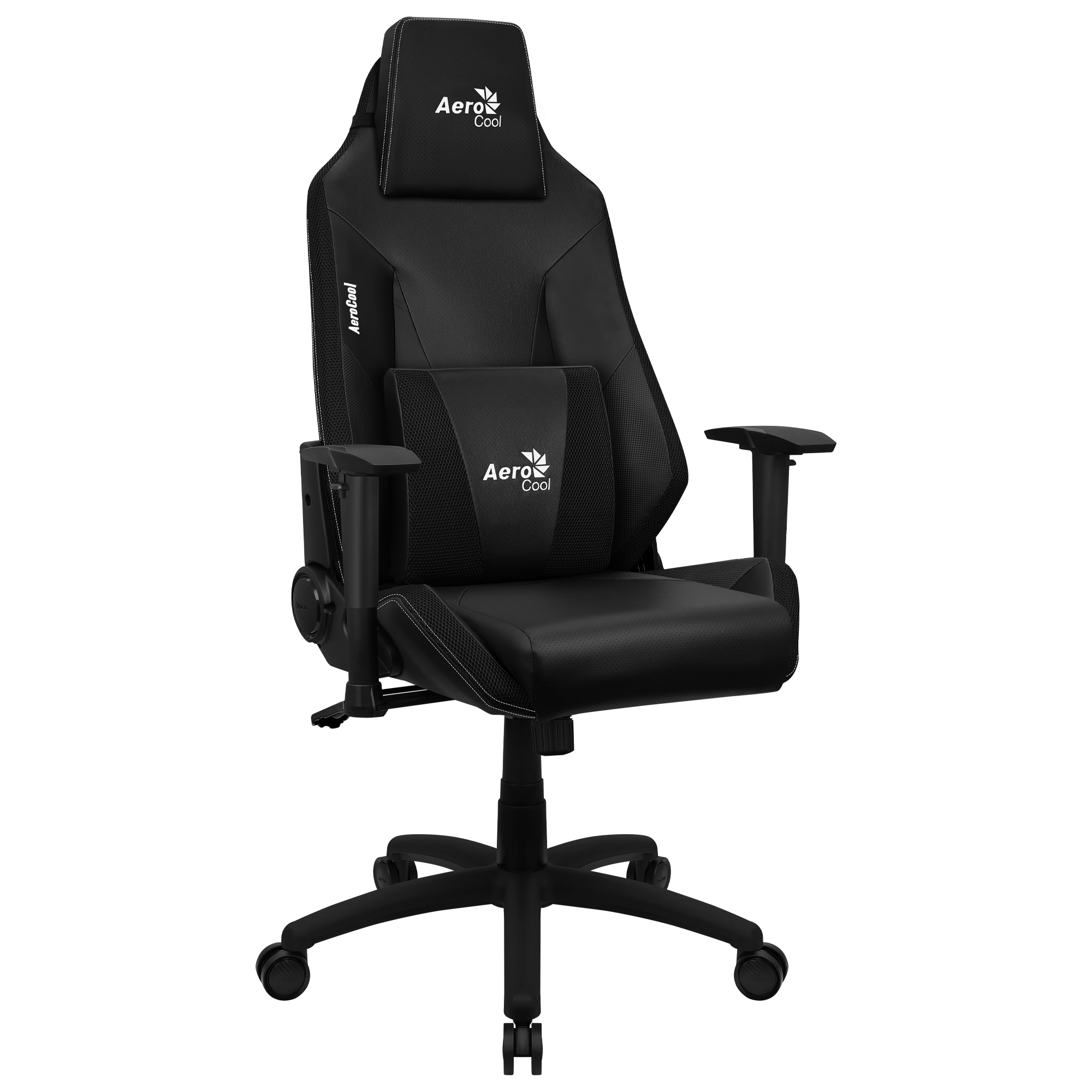 Czarny fotel gamingowy AeroCool. Posiada zagłówek, podparcie lędźwi, podłokietniki i podstawę na pięciu kółkach. Białe logo i szwy.