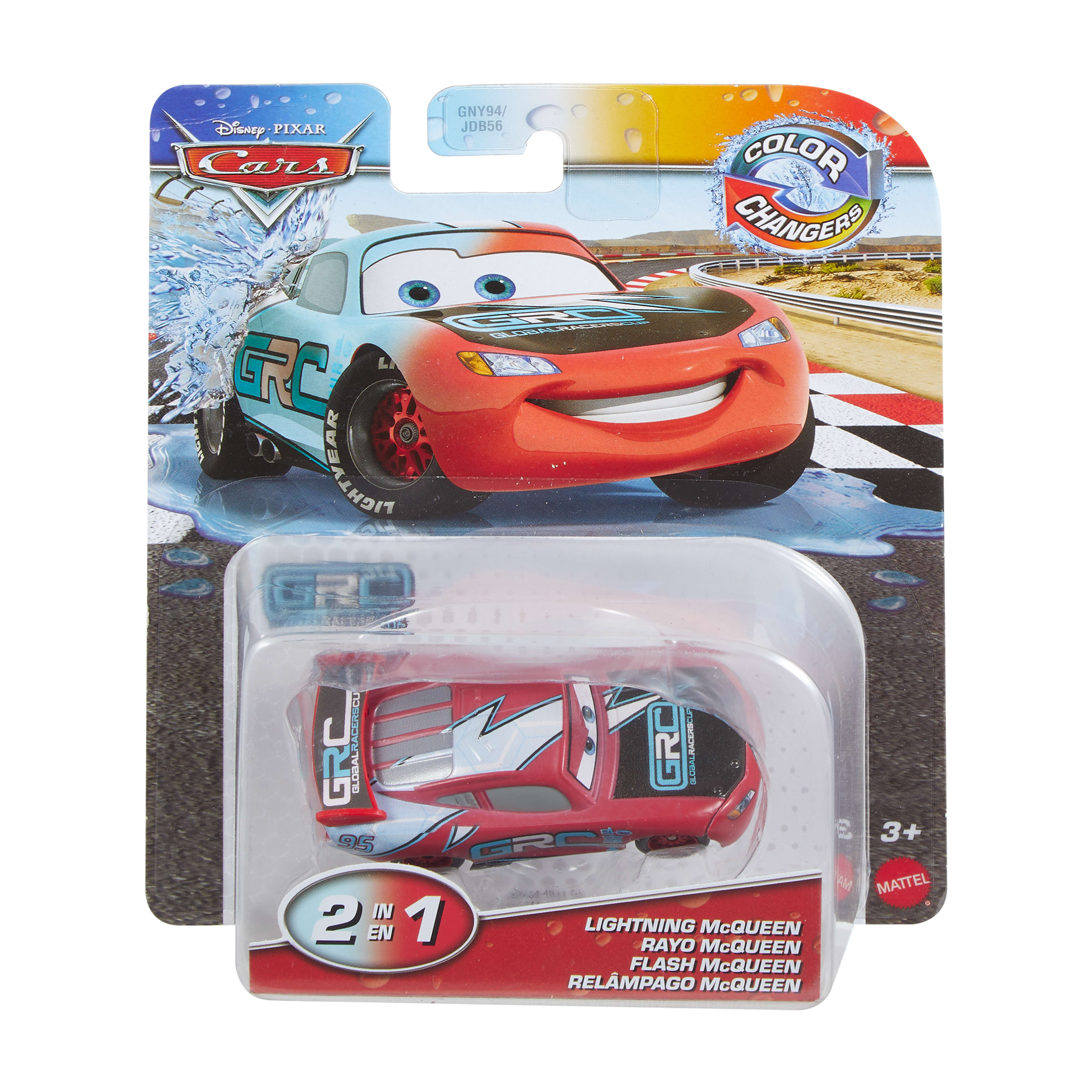 Zabawka Zygzaka McQueena w opakowaniu. Opakowanie przedstawia czerwony samochód z uśmiechniętą twarzą i rozpryskami wody.