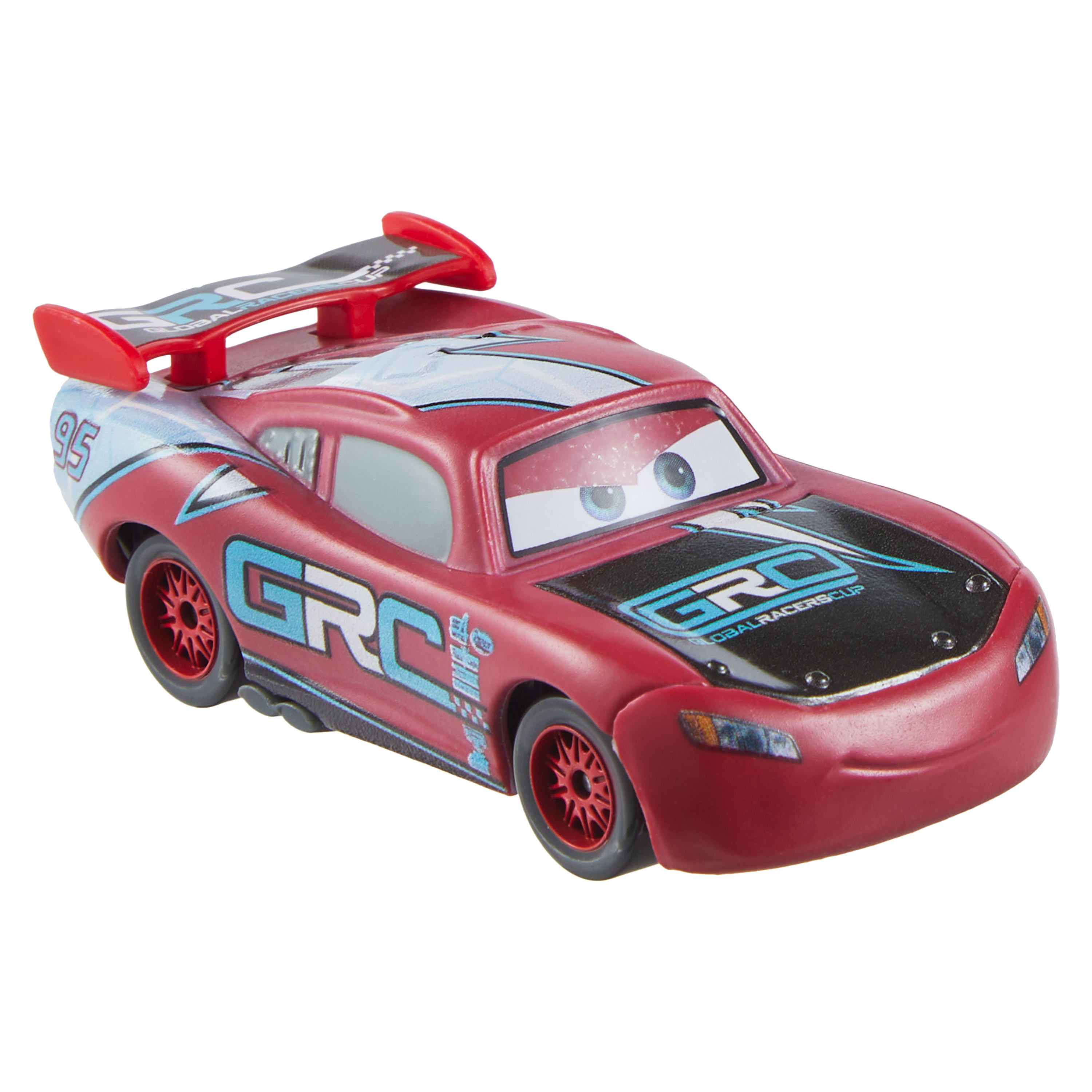 Czerwony zabawkowy samochód wyścigowy z numerem 95. Ma spojler i napis "GRC". Tło jest białe.