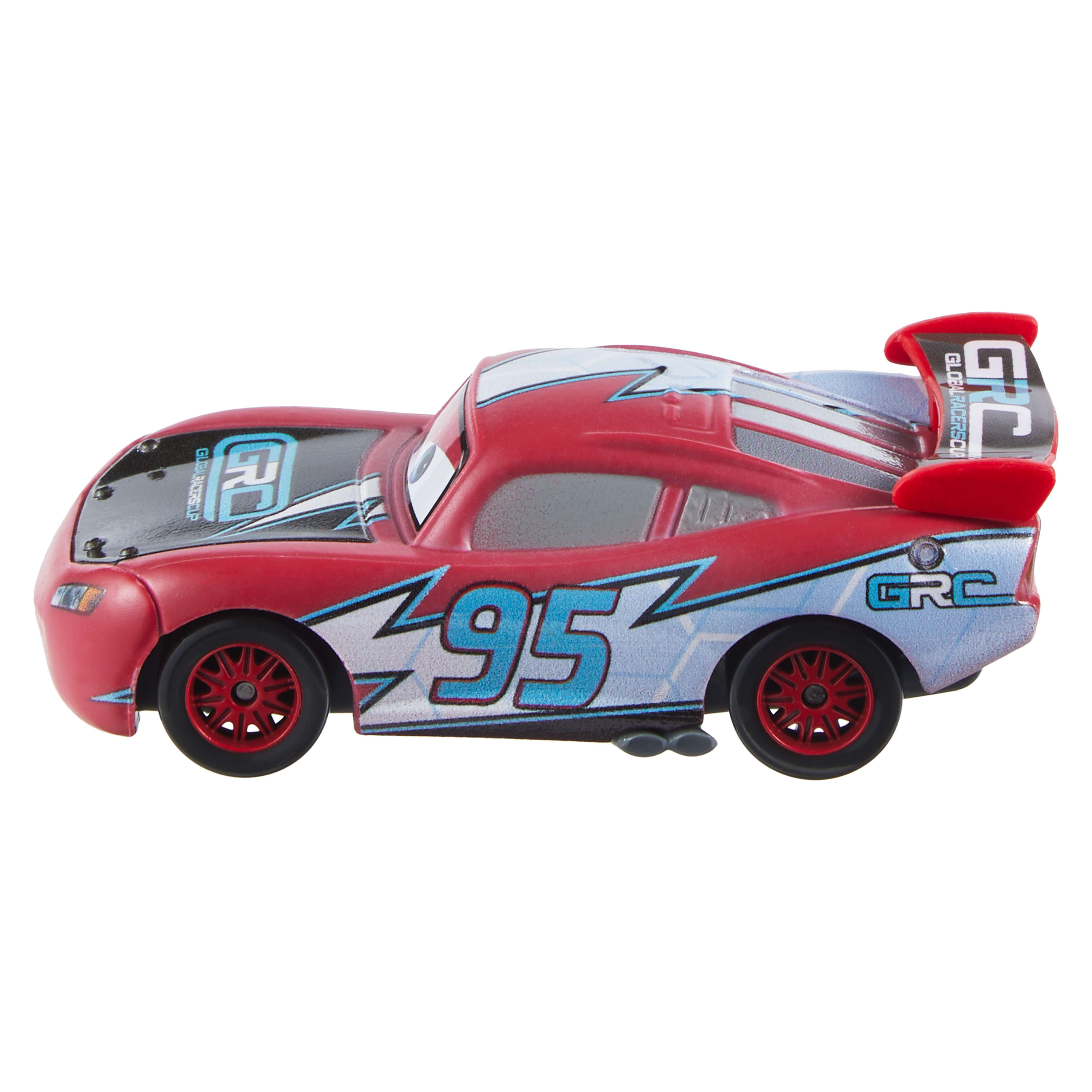 Czerwony zabawkowy samochód wyścigowy z numerem 95. Posiada niebiesko-białe błyskawice i napis GRC z boku.