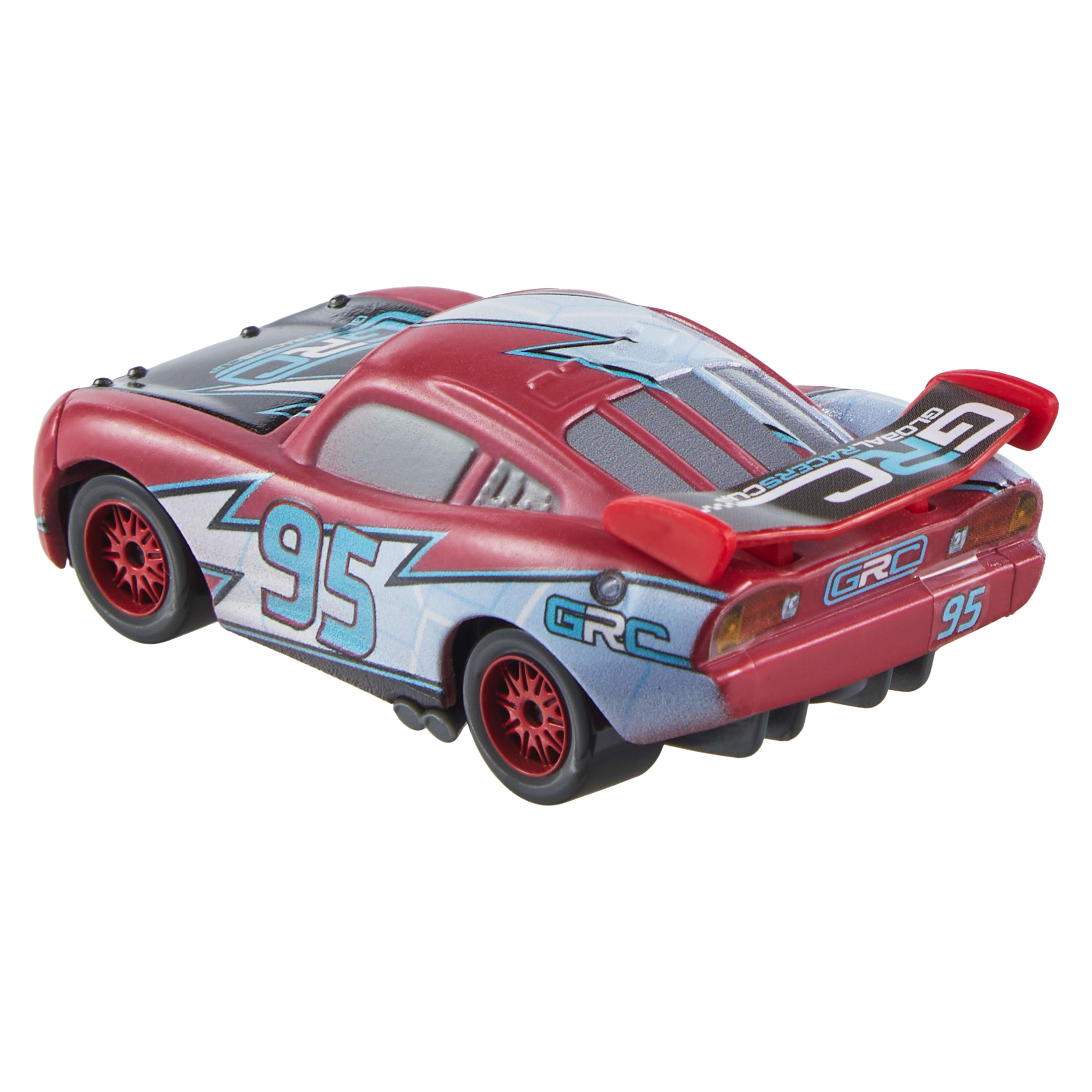 Czerwony zabawkowy samochód wyścigowy z numerem 95. Ma spojler i niebiesko-białe detale. Samochód jest na białym tle.