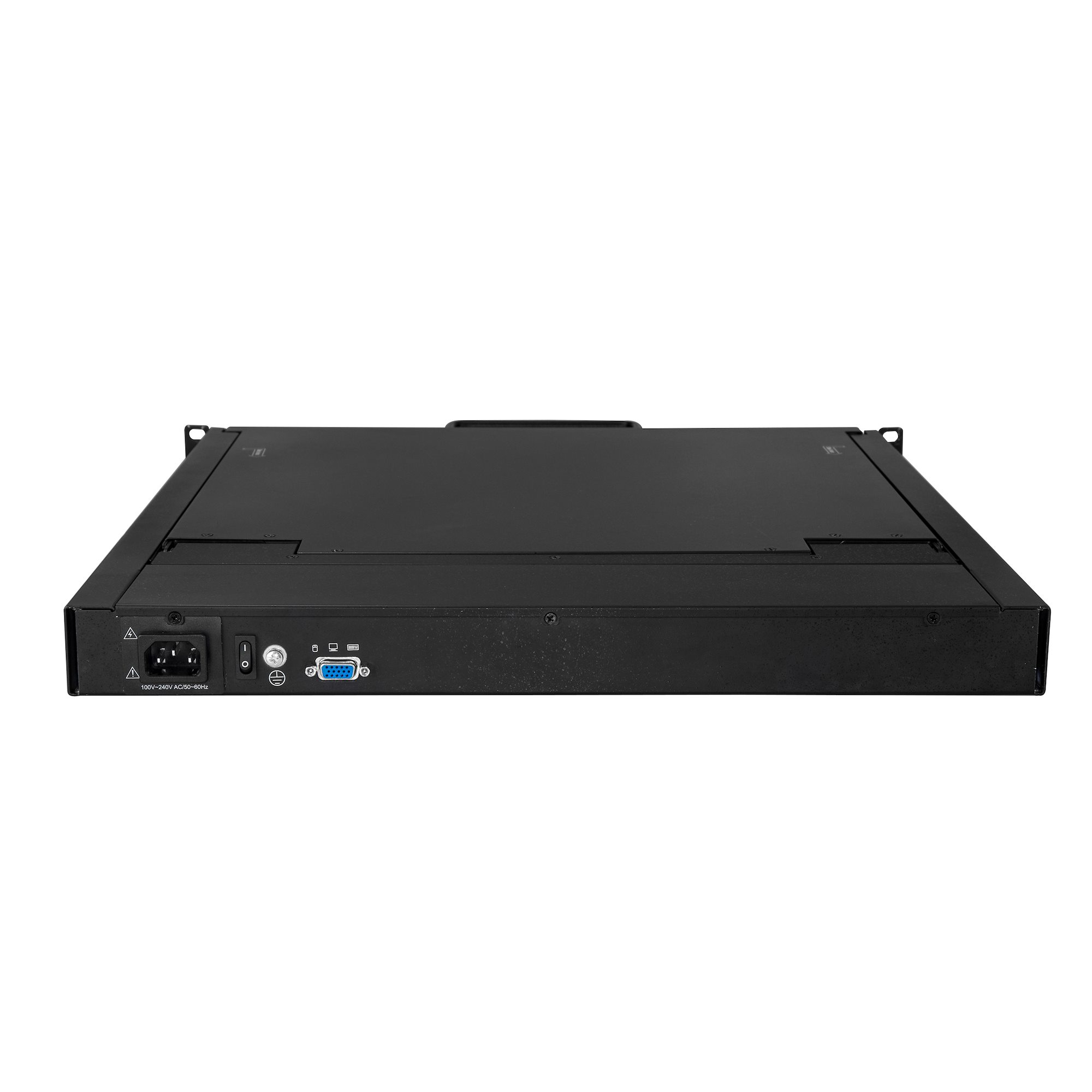 Ein schwarzer Rackmount-Server mit Stromeingang, Netzschalter und verschiedenen Anschlüssen, isoliert auf weißem Hintergrund.