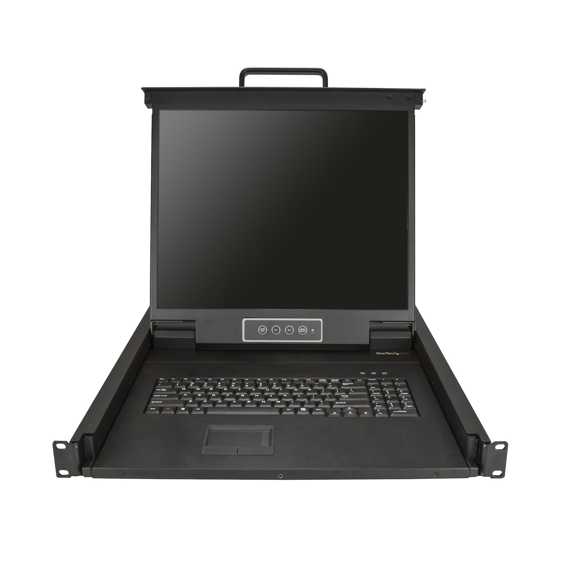 Schwarzes Server-Rack-Gerät mit Monitor, Tastatur und Touchpad. Mit Griff oben. Knöpfe unten am Bildschirm.