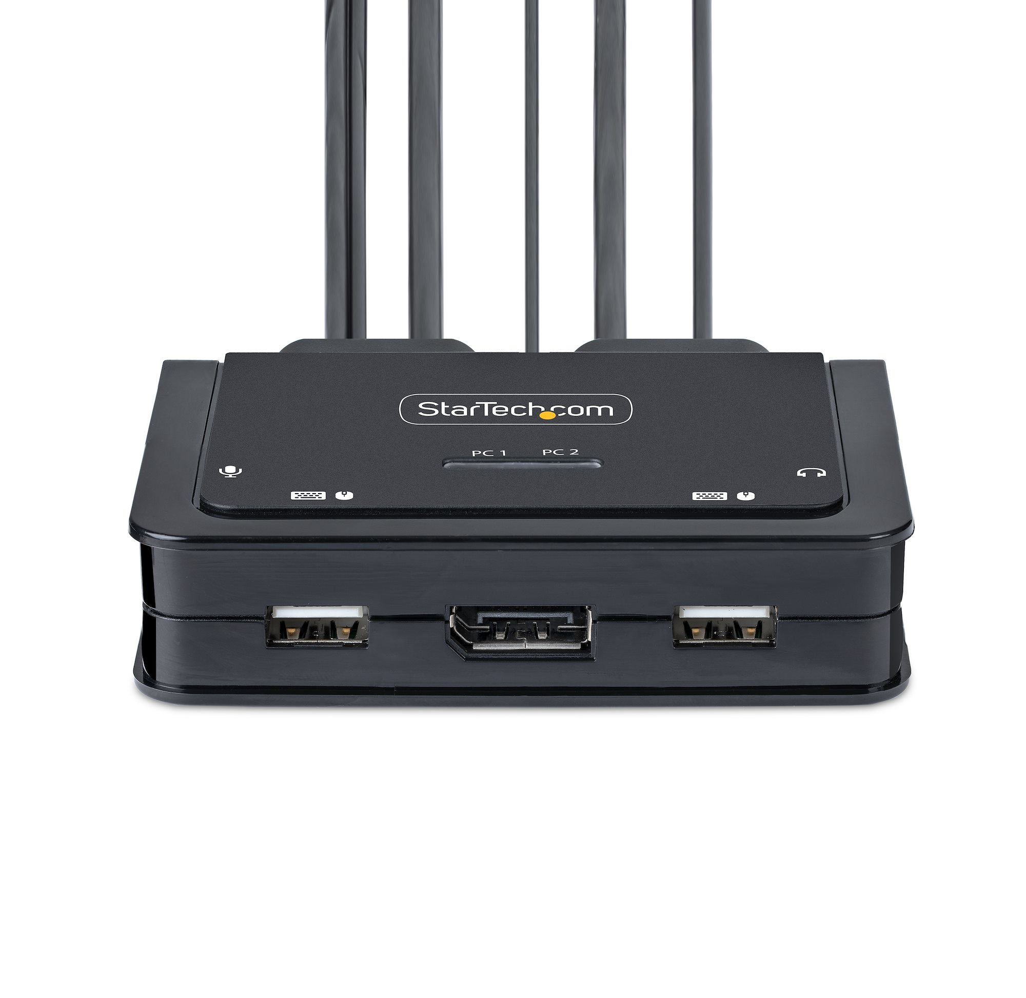 Dispositivo StarTech.com nero con porte USB, porta HDMI e antenne. Ha le etichette PC1 e PC2.