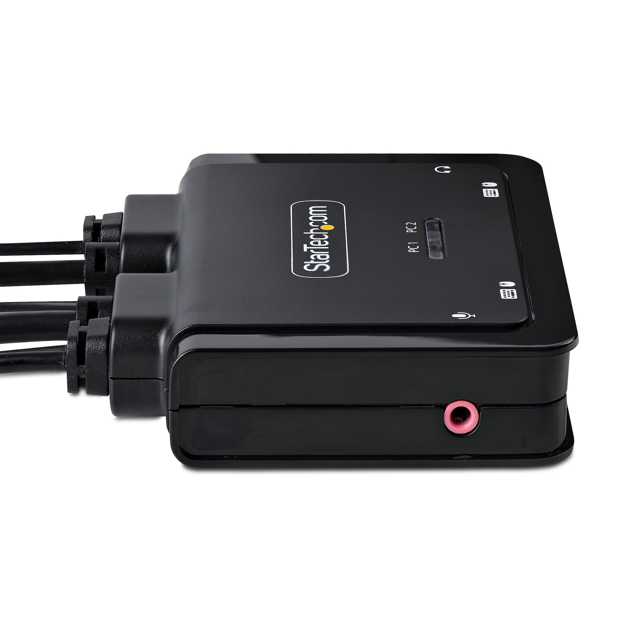 Dispositivo StarTech nero con più porte e cavi. Un jack audio rosa è visibile sul lato.