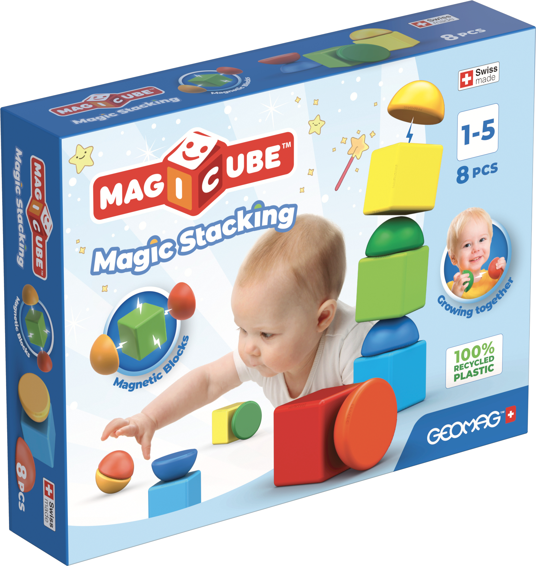Caja de bloques magnéticos con un bebé que los alcanza. La caja dice 'Magic Stacking', '100% plástico reciclado'.