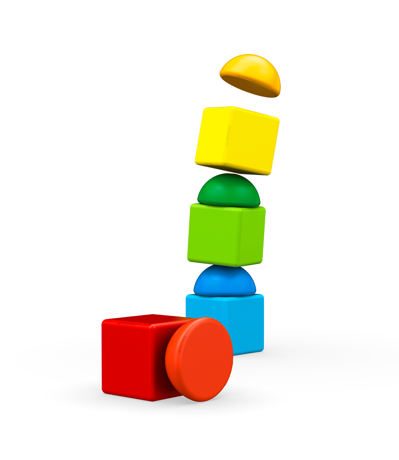 Bloques de juguete coloridos apilados. Cuadrado rojo y círculo naranja al frente. Cuadrado amarillo y semicírculo verde en el medio.