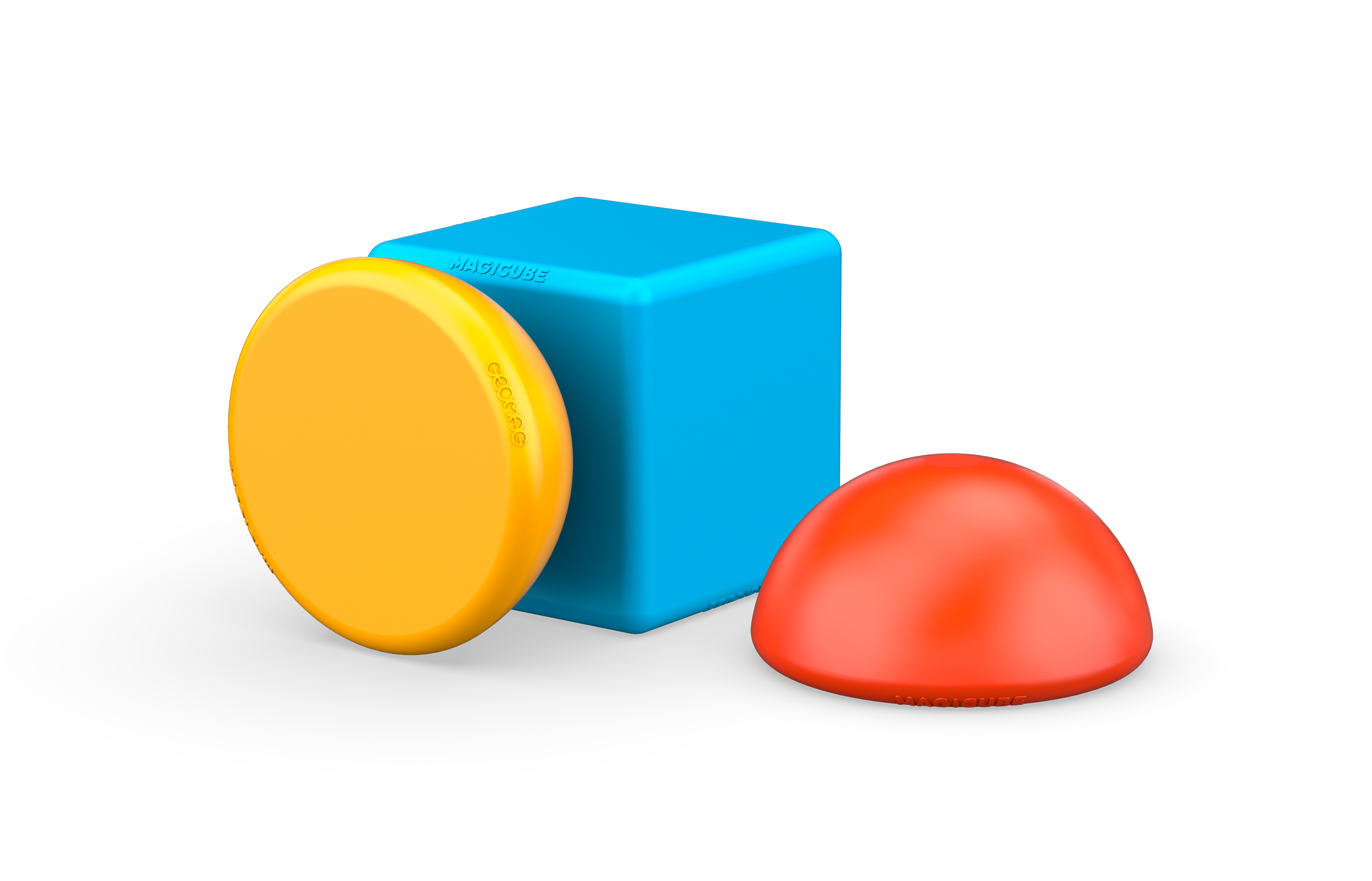 Un cubo azul, un disco naranja y una cúpula roja sobre una superficie blanca. Todos son sólidos y redondeados.