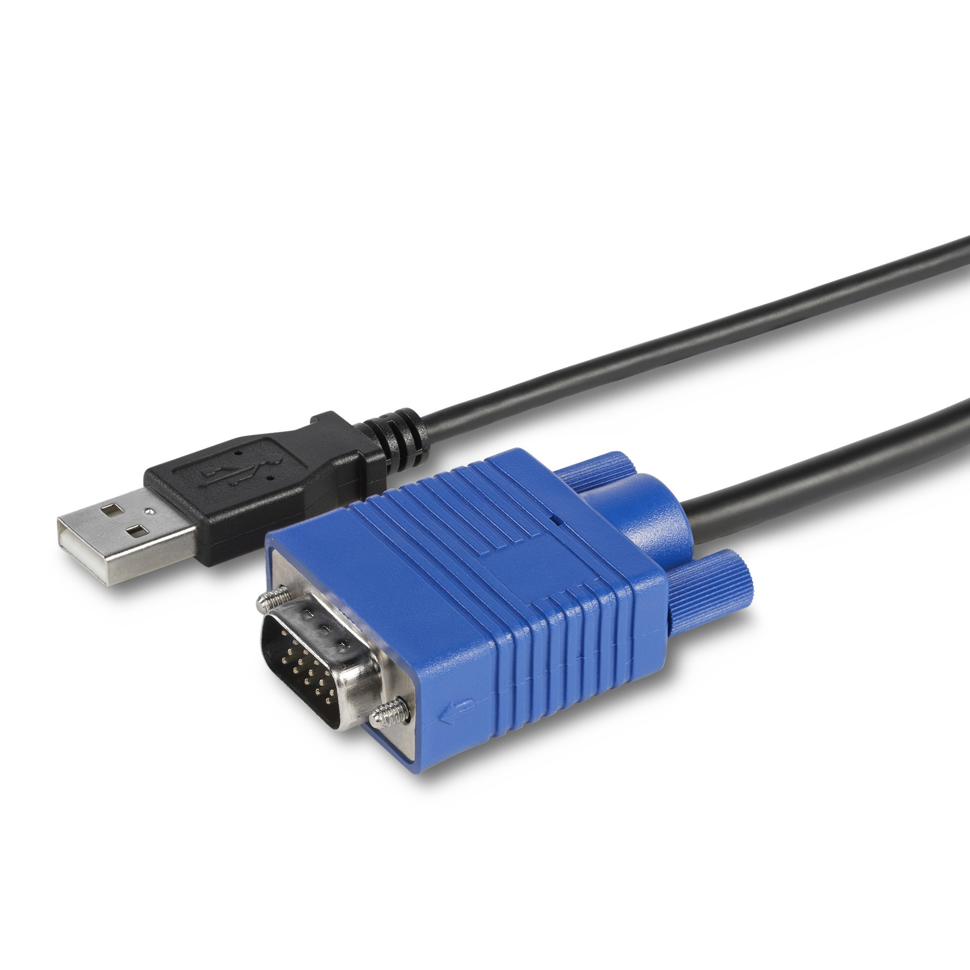 Ein USB-Kabel und ein blauer VGA-Anschluss auf weißem Hintergrund. Das Kabel ist schwarz.