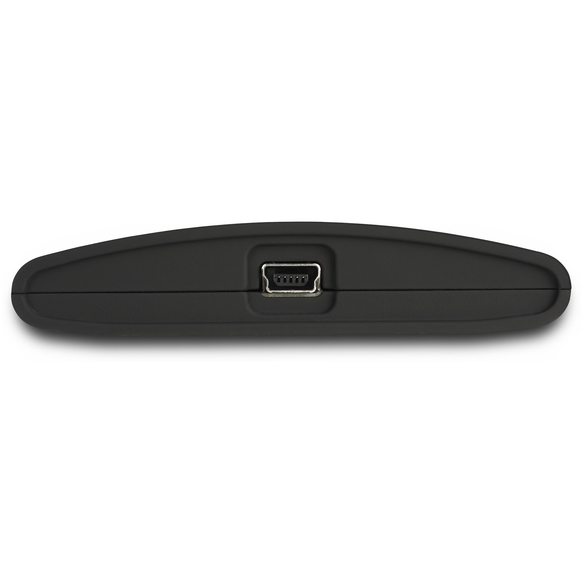 Eine schwarze externe Festplatte auf weißem Grund. Ein USB-Anschluss ist sichtbar.