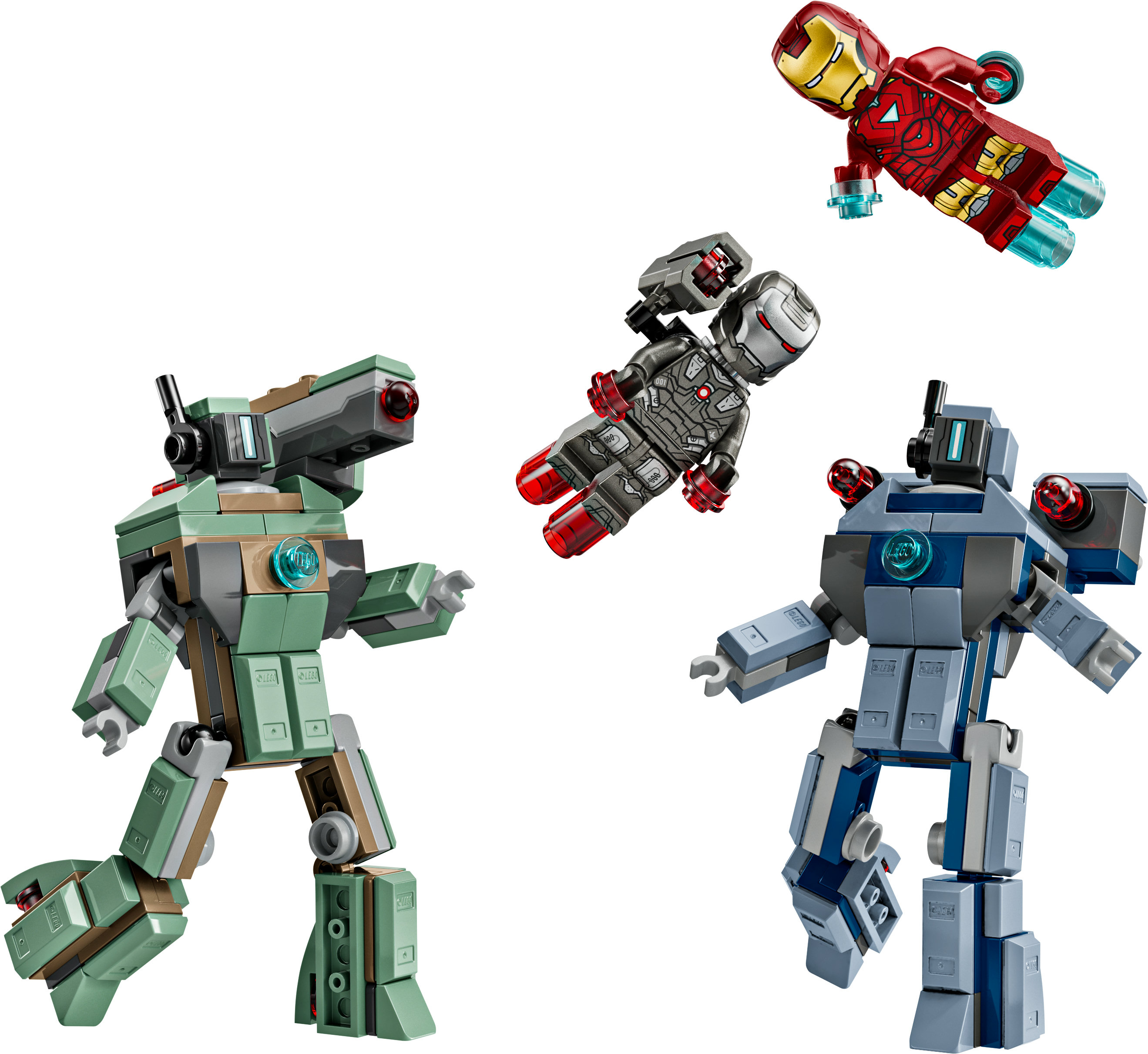 Lego Iron Man, War Machine e due figure mech. Isolato su bianco. Iron Man vola, War Machine fluttua.
