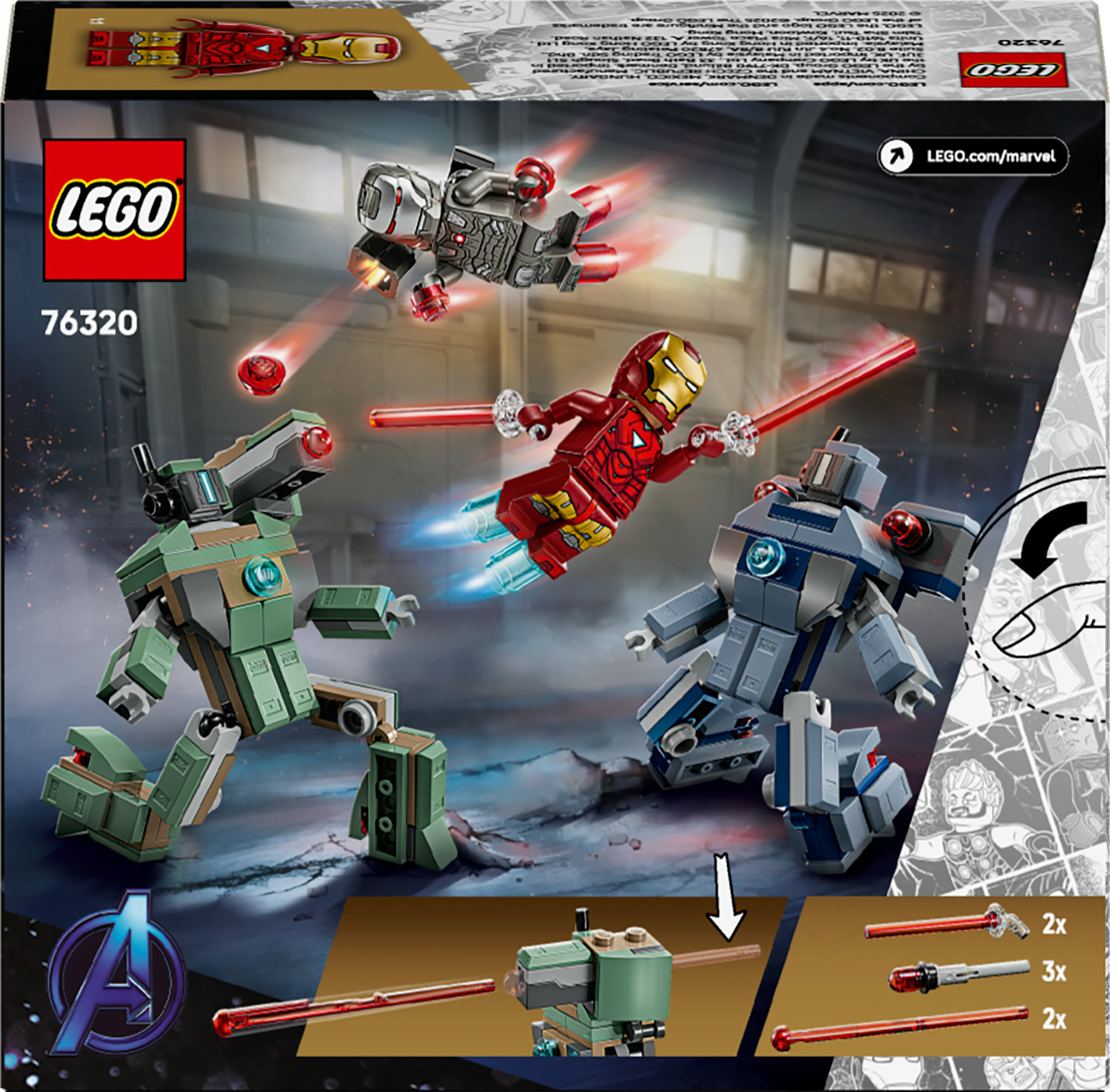 Il set LEGO 76320 mostra Iron Man che combatte contro i robot. La scena include robot rossi e verdi, e Iron Man è in aria.