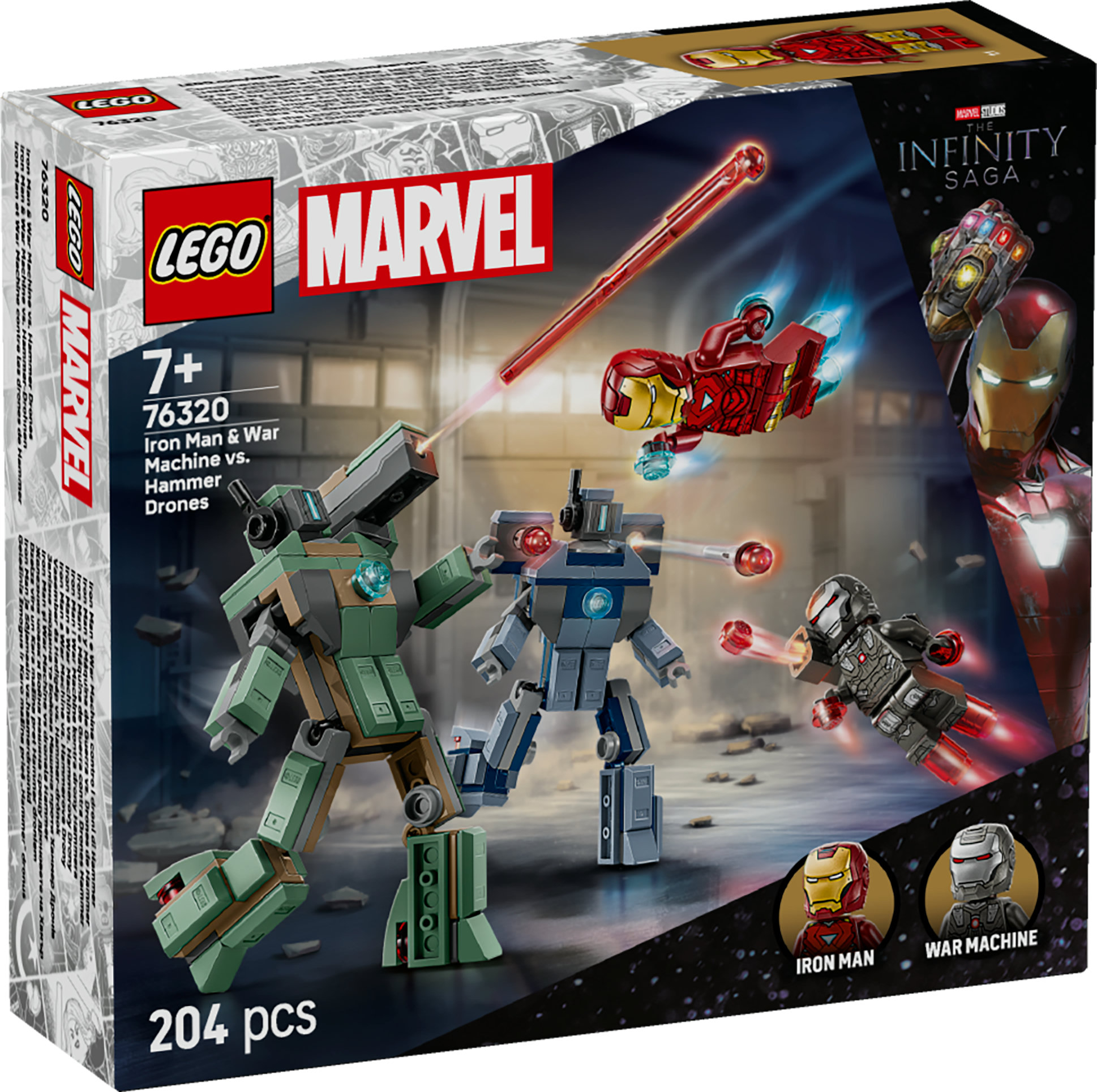 Set di scatole Lego con Iron Man, War Machine e Hammer Drones. Include personaggi Lego, con il logo Marvel.