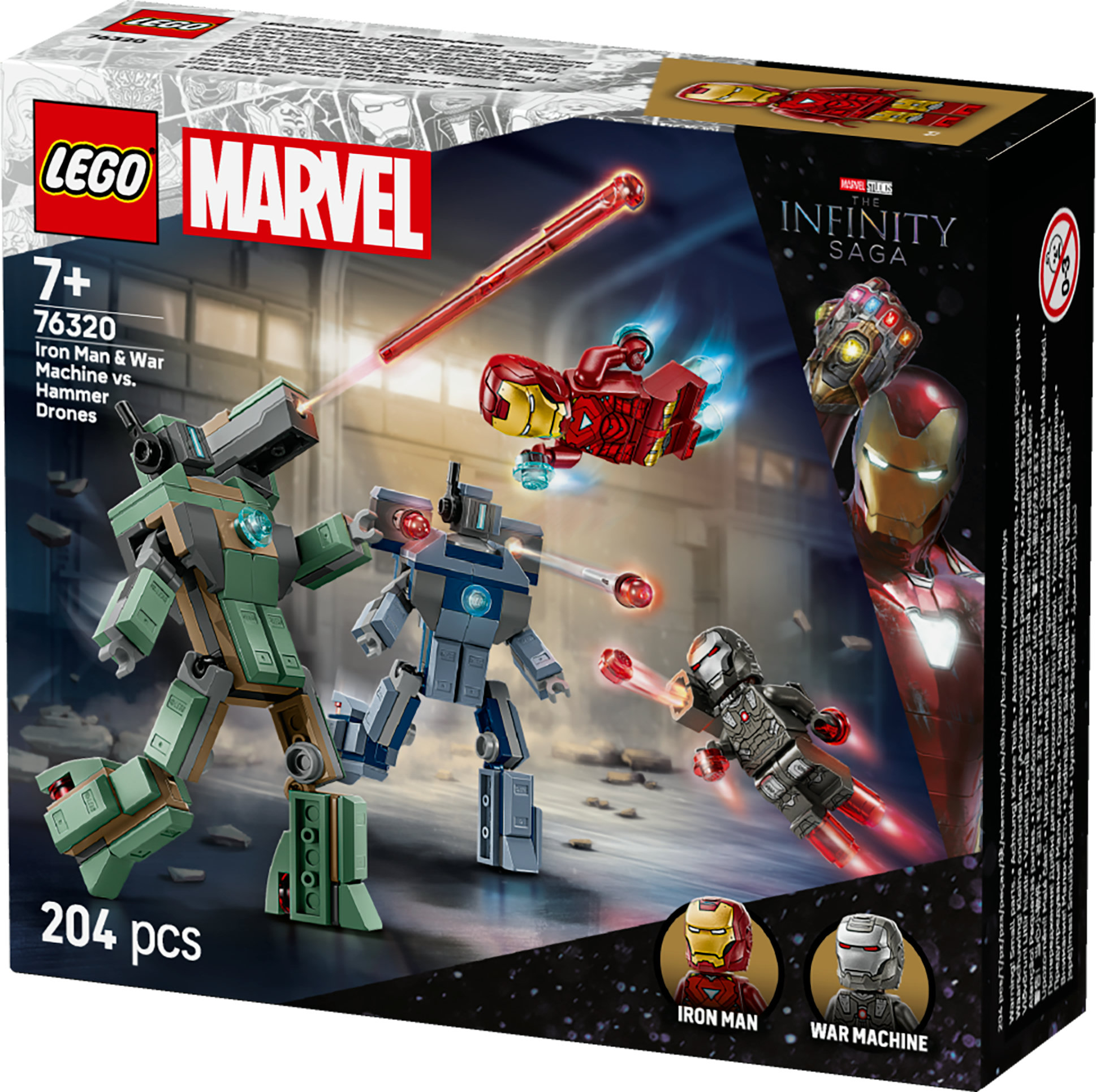 Set Lego con Iron Man, War Machine e Hammer Drones. Include personaggi Lego e un'immagine di sfondo.