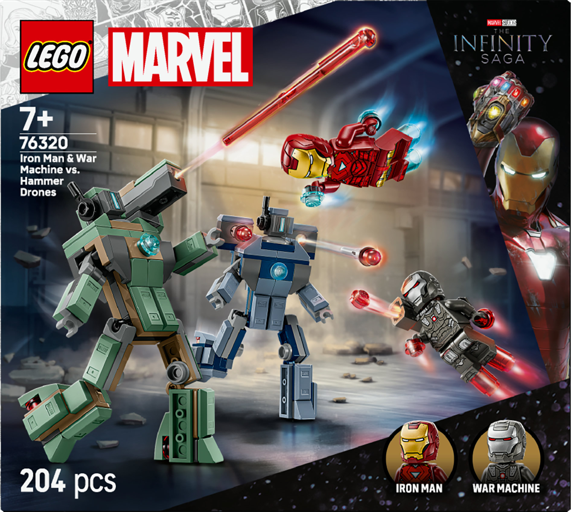 Scatola del set Lego. Iron Man, War Machine e Hammer Drones. Il logo Infinity Saga è visibile.