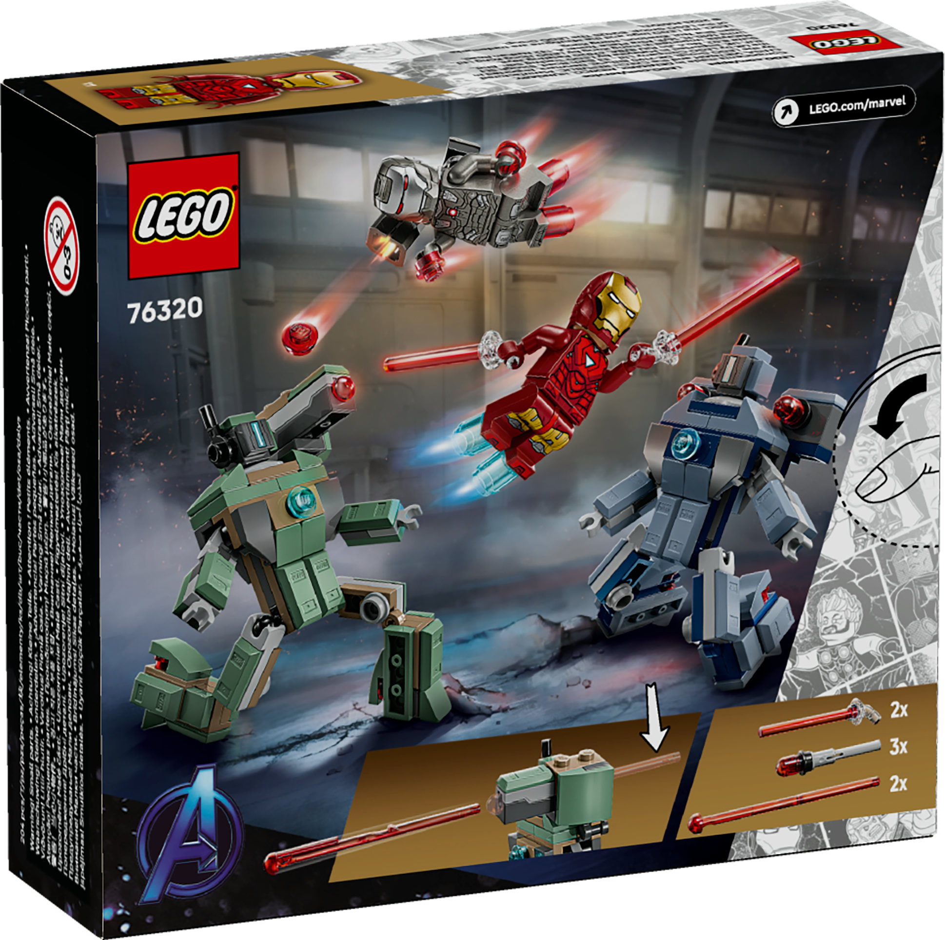 Scatola Lego con Iron Man e robot. I robot sono verdi e grigi. Iron Man è rosso e oro. Lo sfondo è una città.