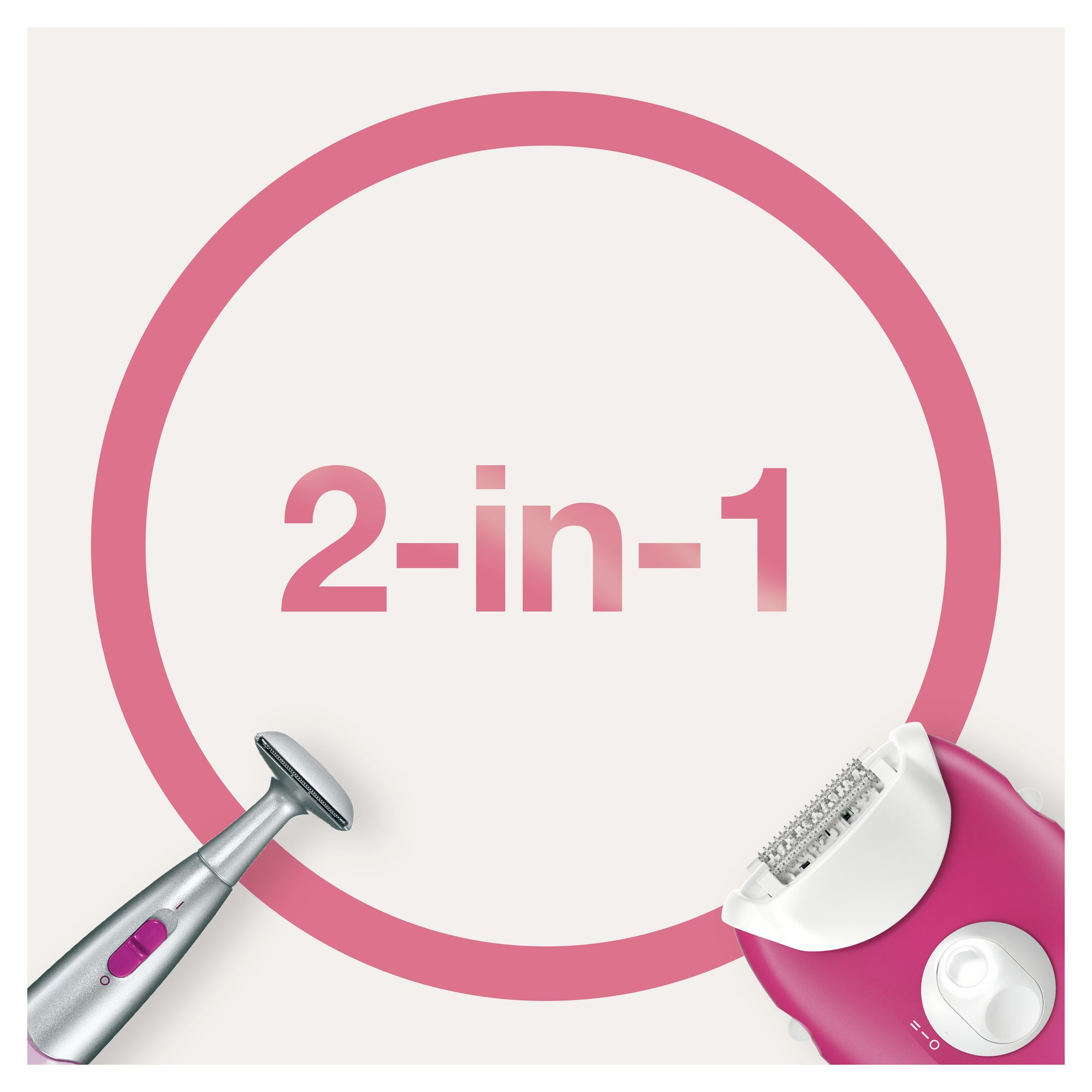 Różowa i biała golarka elektryczna z etykietą 2 w 1 jest wyświetlana na białym tle.