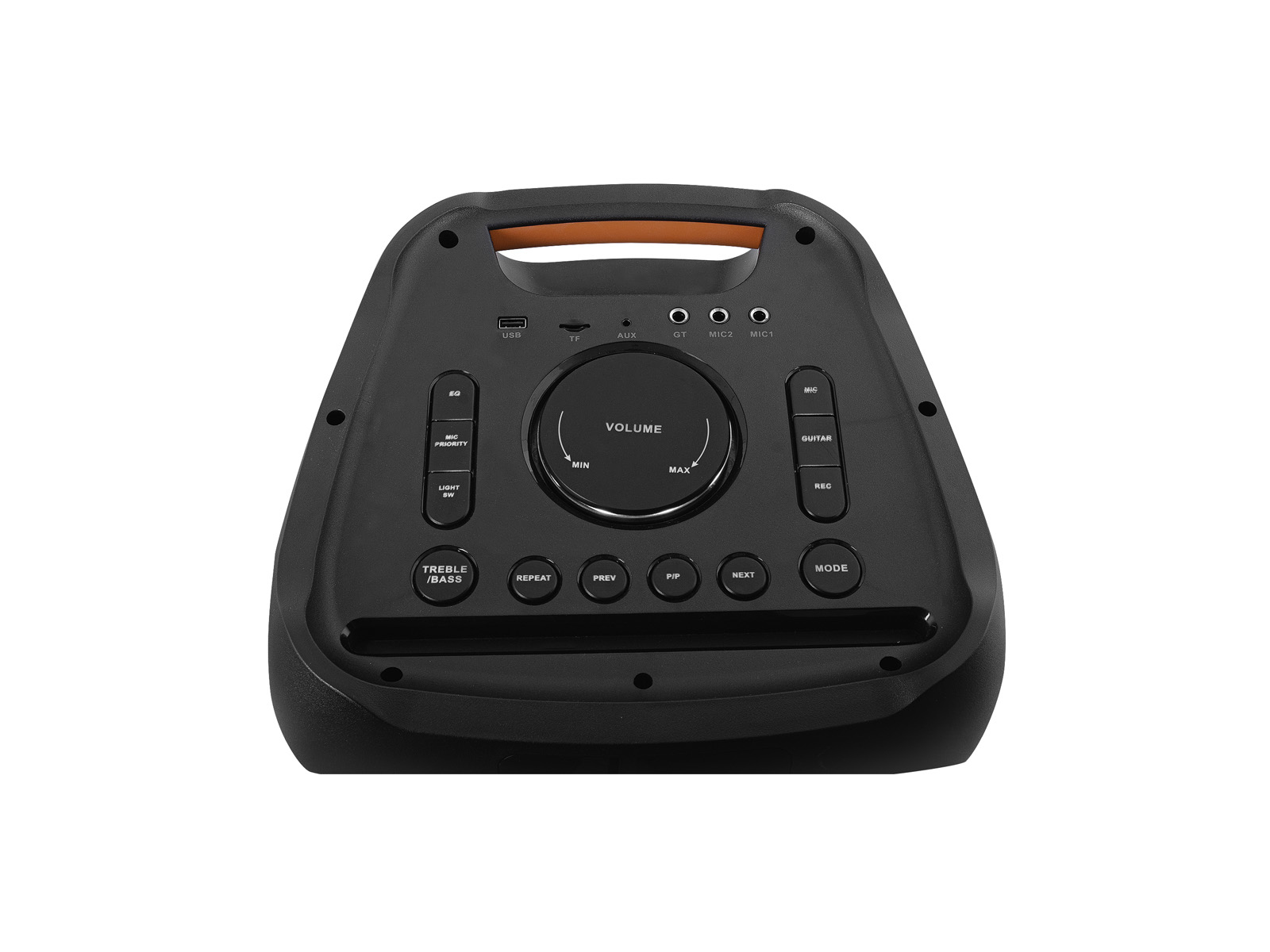 Altoparlante nero con controllo del volume e pulsanti. Ha una maniglia. Le porte includono USB, AUX e ingressi microfono.