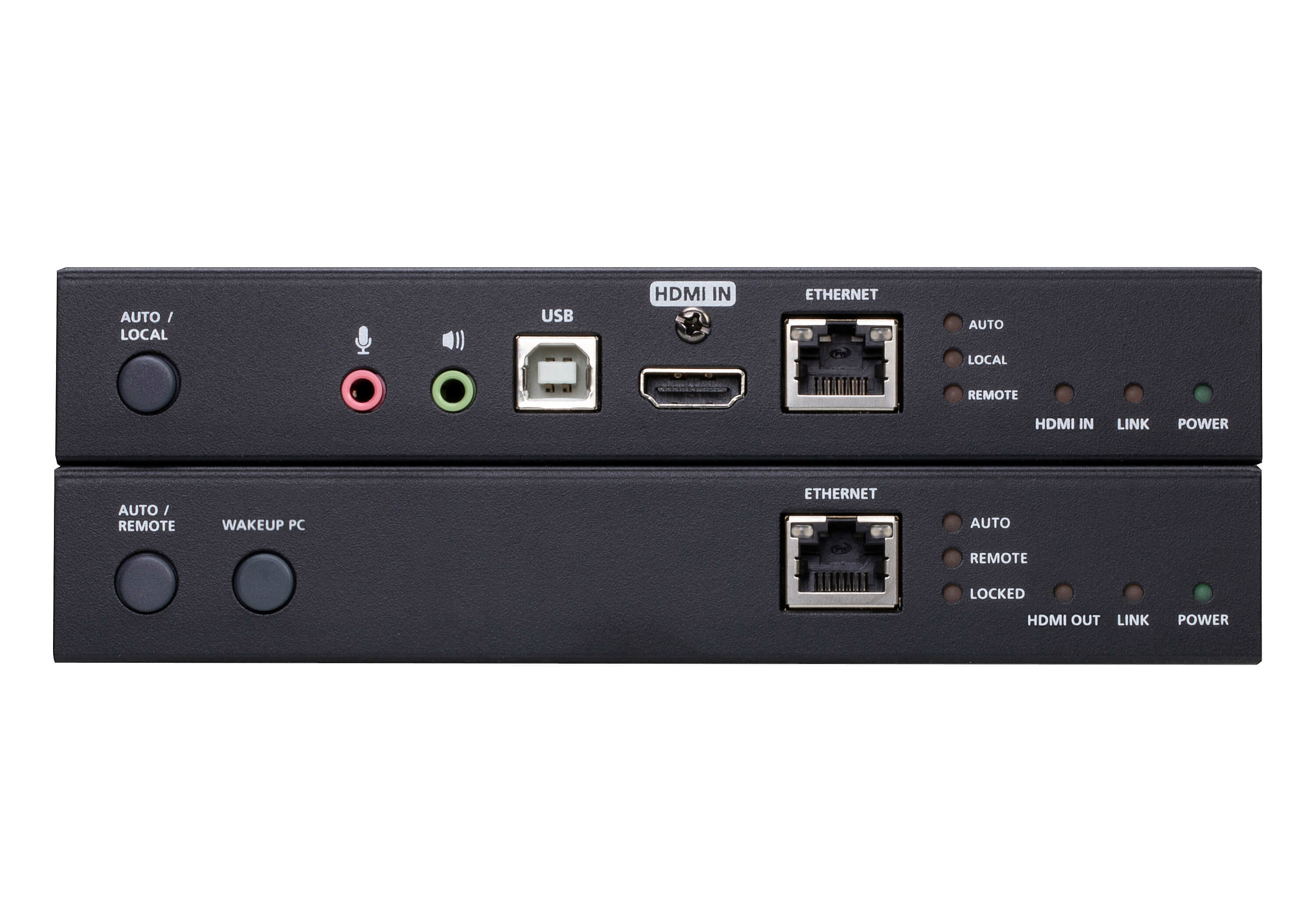 Deux boîtiers noirs avec ports et boutons, étiquetés HDMI, Ethernet, USB et indicateurs d'alimentation. Les boutons incluent auto/local.