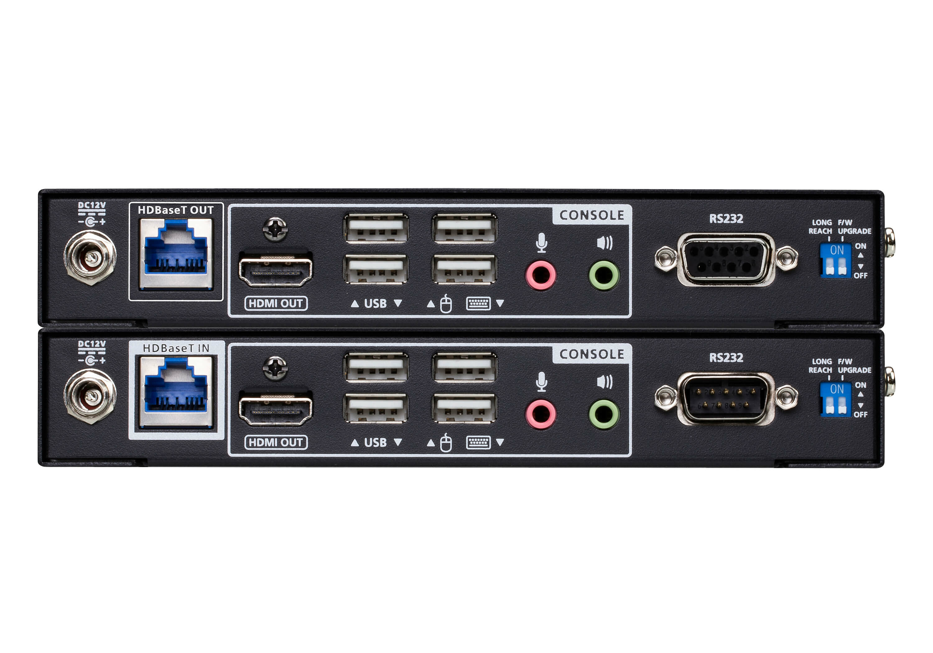 Deux appareils électroniques noirs avec ports, interrupteurs et connecteurs. Les étiquettes incluent HDMI, USB et RS232.