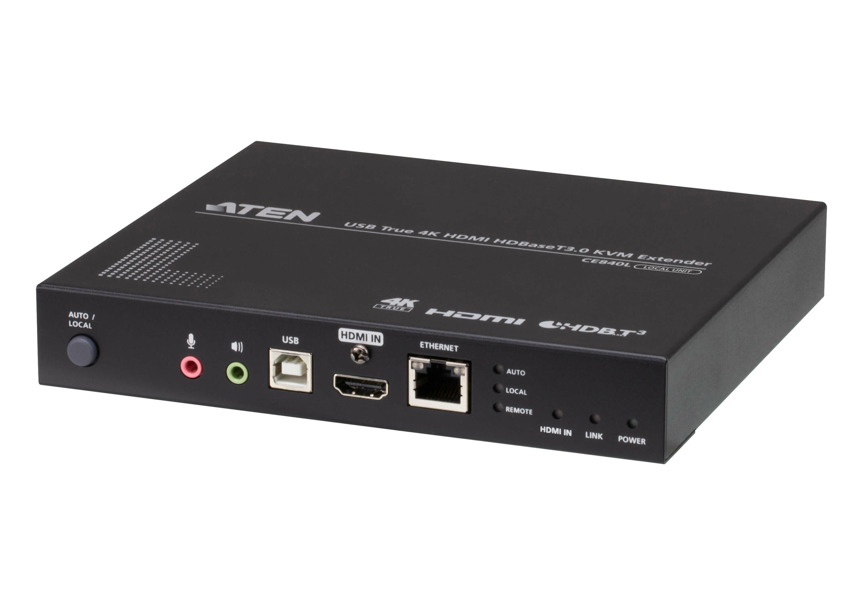 Un extendeur HDMI ATEN noir avec divers ports et boutons, dont USB, HDMI et Ethernet.