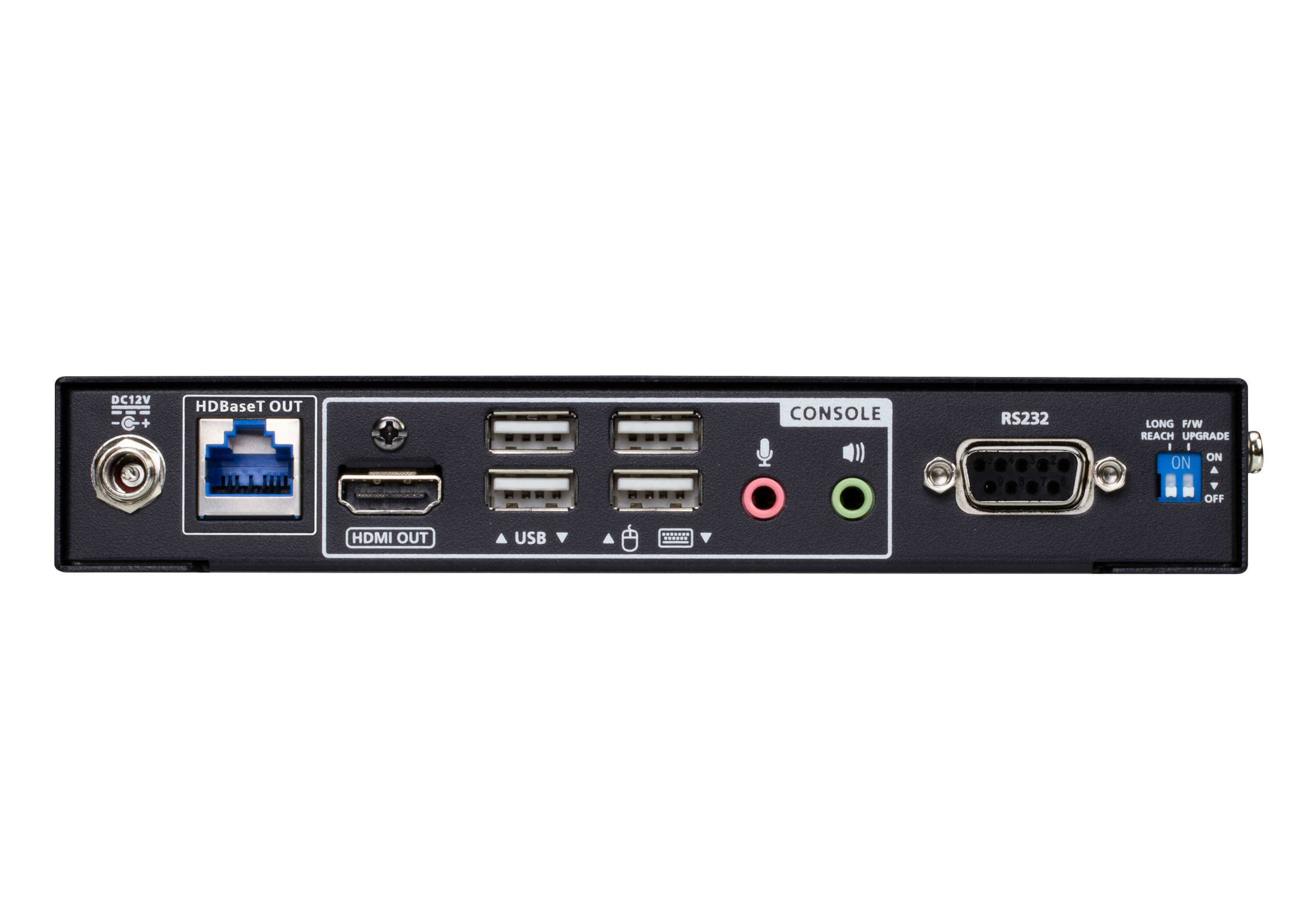 Un appareil noir avec plusieurs ports. Comprend des ports HDMI, USB et audio. Possède un port RS232 et un interrupteur d'alimentation.
