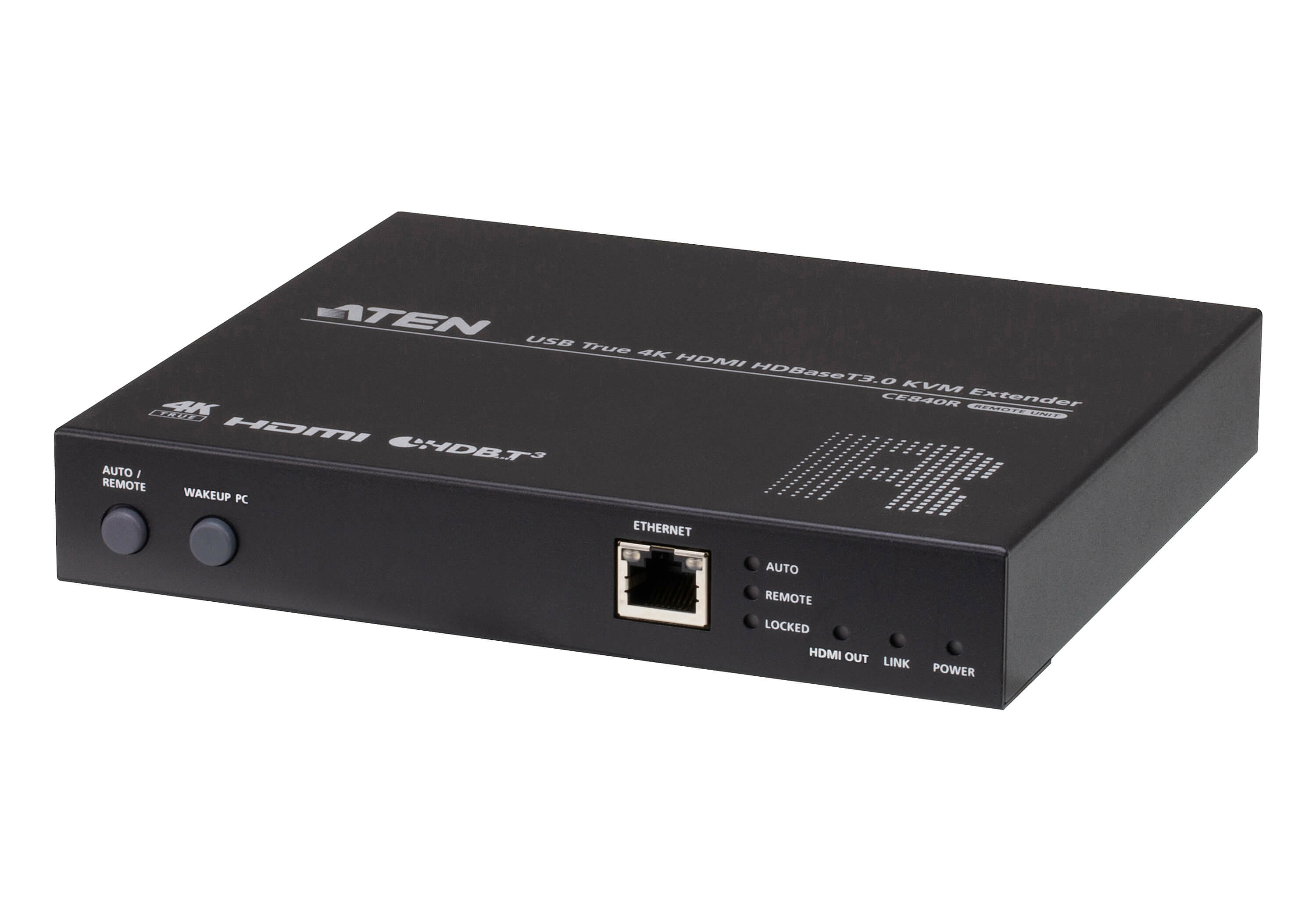 Extendeur KVM ATEN noir. Il possède des boutons, un port Ethernet et des voyants.