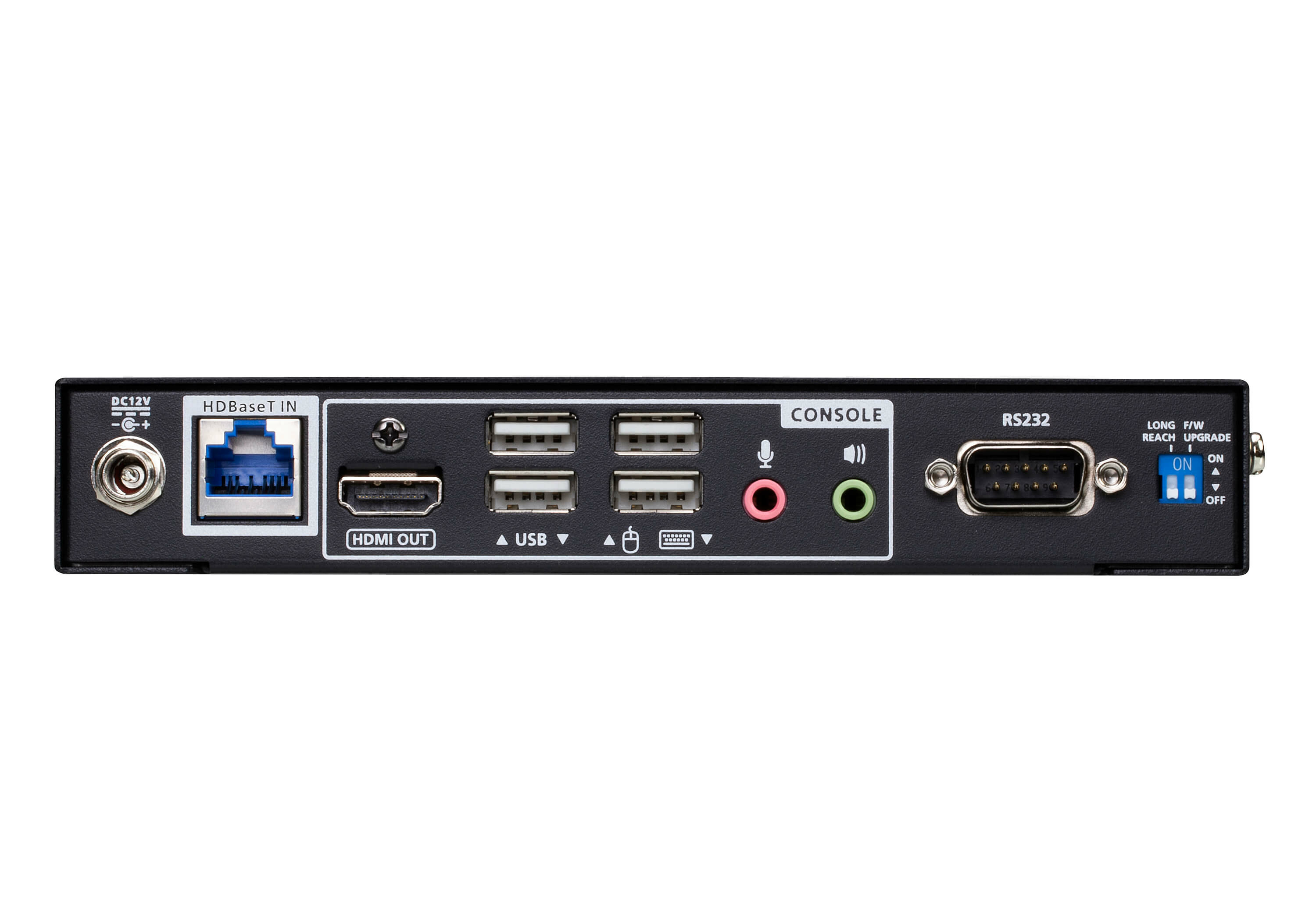 Appareil noir avec divers ports: DC12V, HDBaseT IN, HDMI OUT, USB, console et RS232, avec interrupteur marche/arrêt.