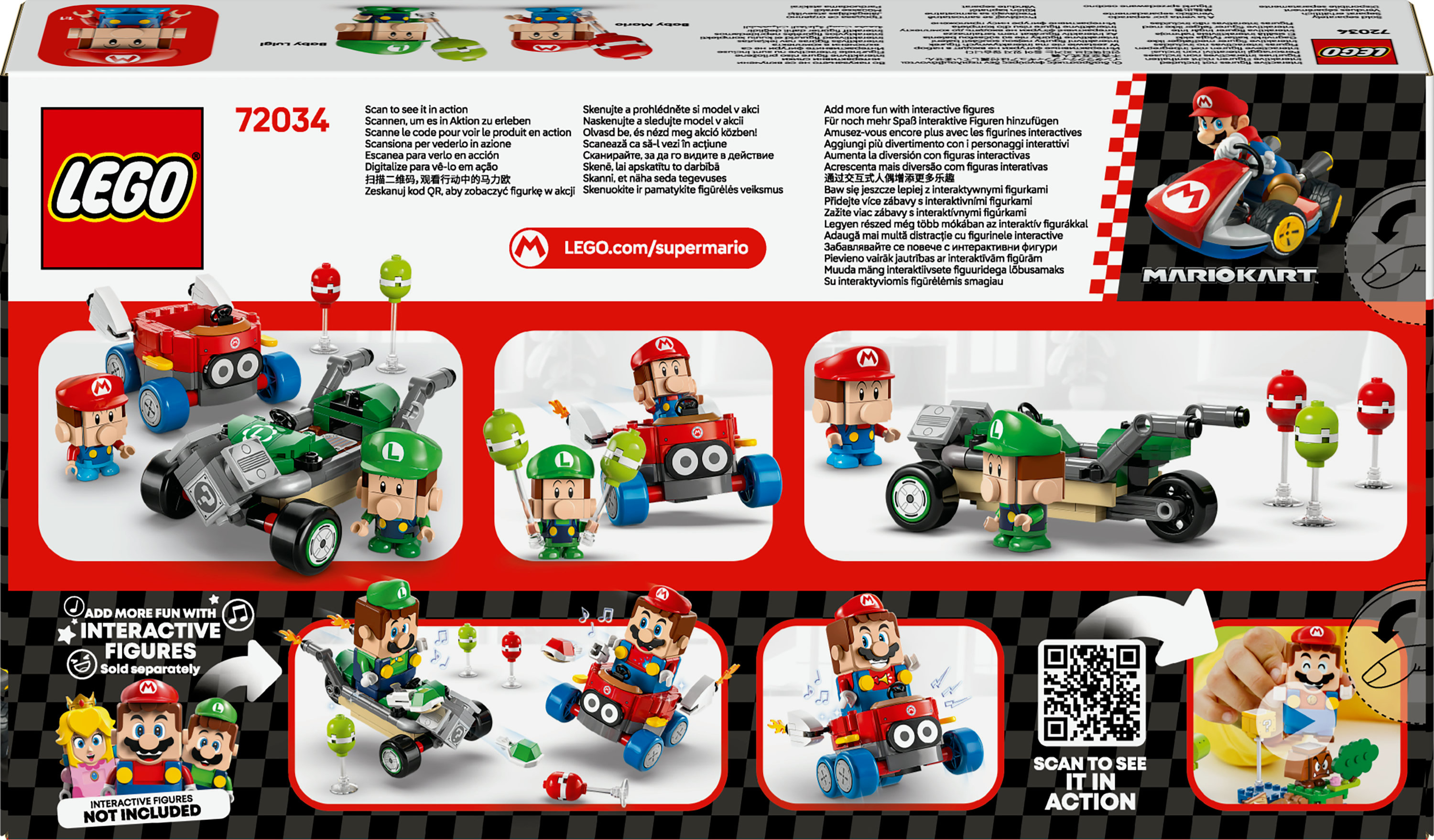 Grafika pudełka Lego z zestawu Mario Kart. Figurki Mario i Luigi z gokartami. Kolory zielony, czerwony i niebieski.