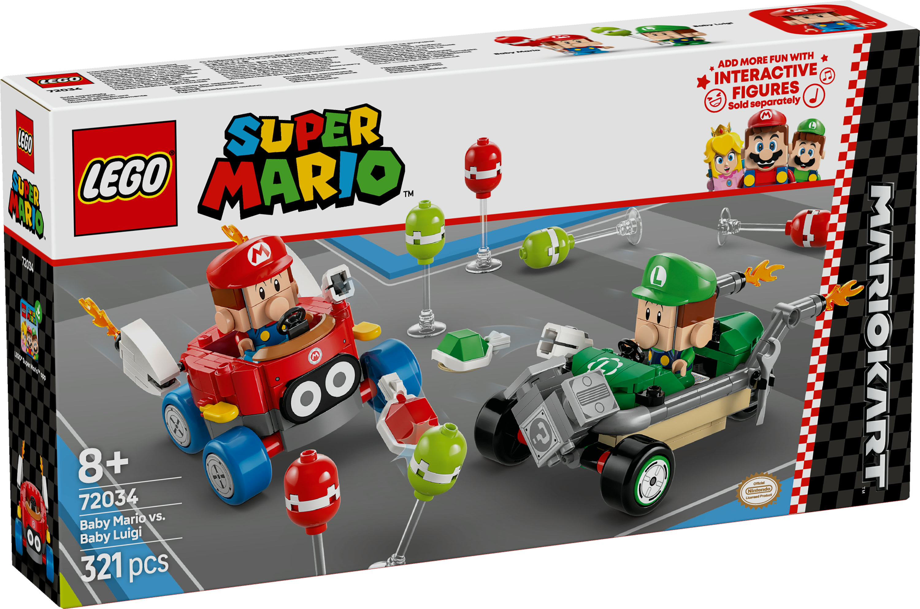 Zestaw Lego Super Mario. Baby Mario i Baby Luigi w swoich gokartach. Zielone i czerwone przeszkody w tle.