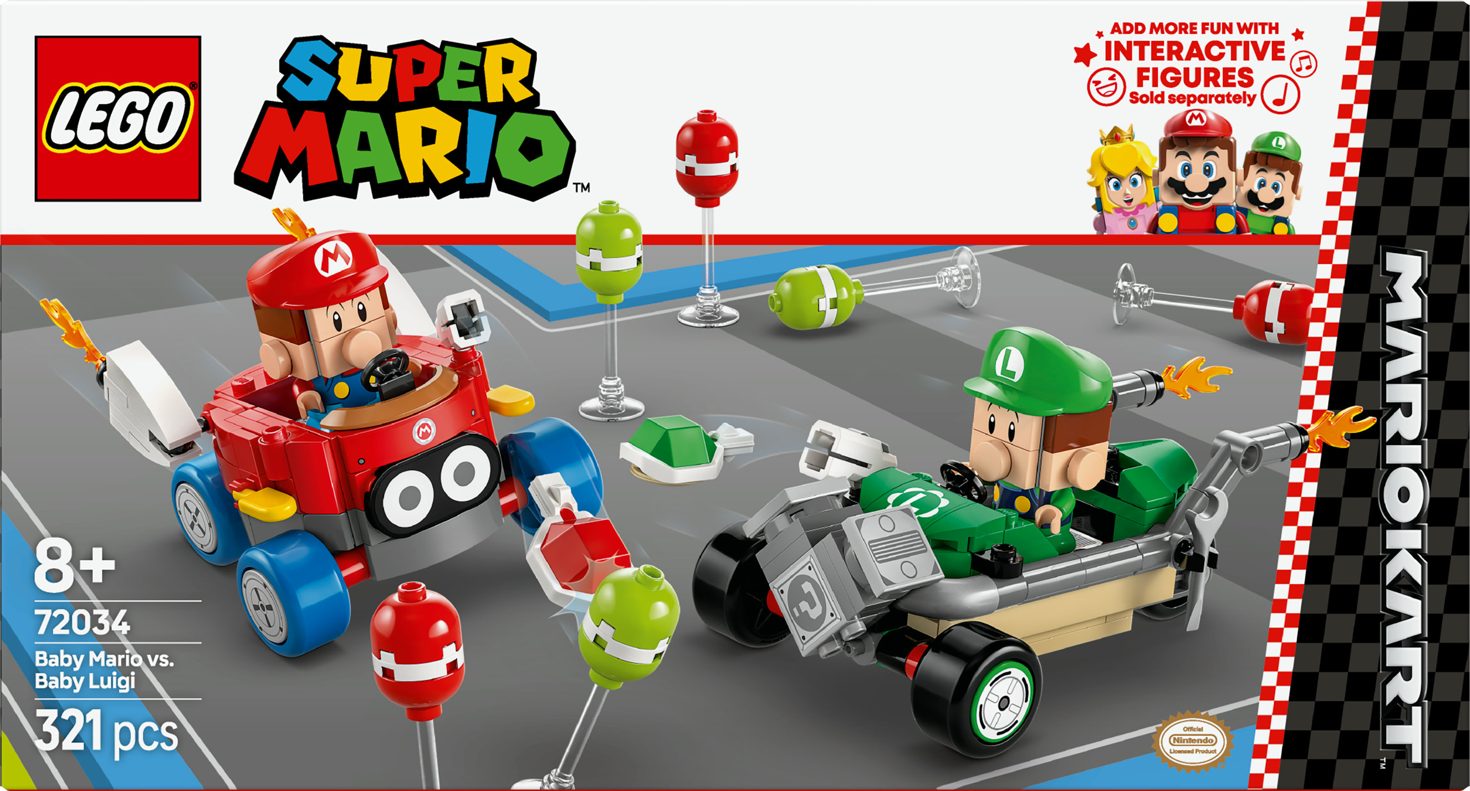 Zestaw Lego Super Mario. Baby Mario i Luigi w gokartach. Zawiera figurki, elementy toru wyścigowego i interaktywne figurki sprzedawane osobno.