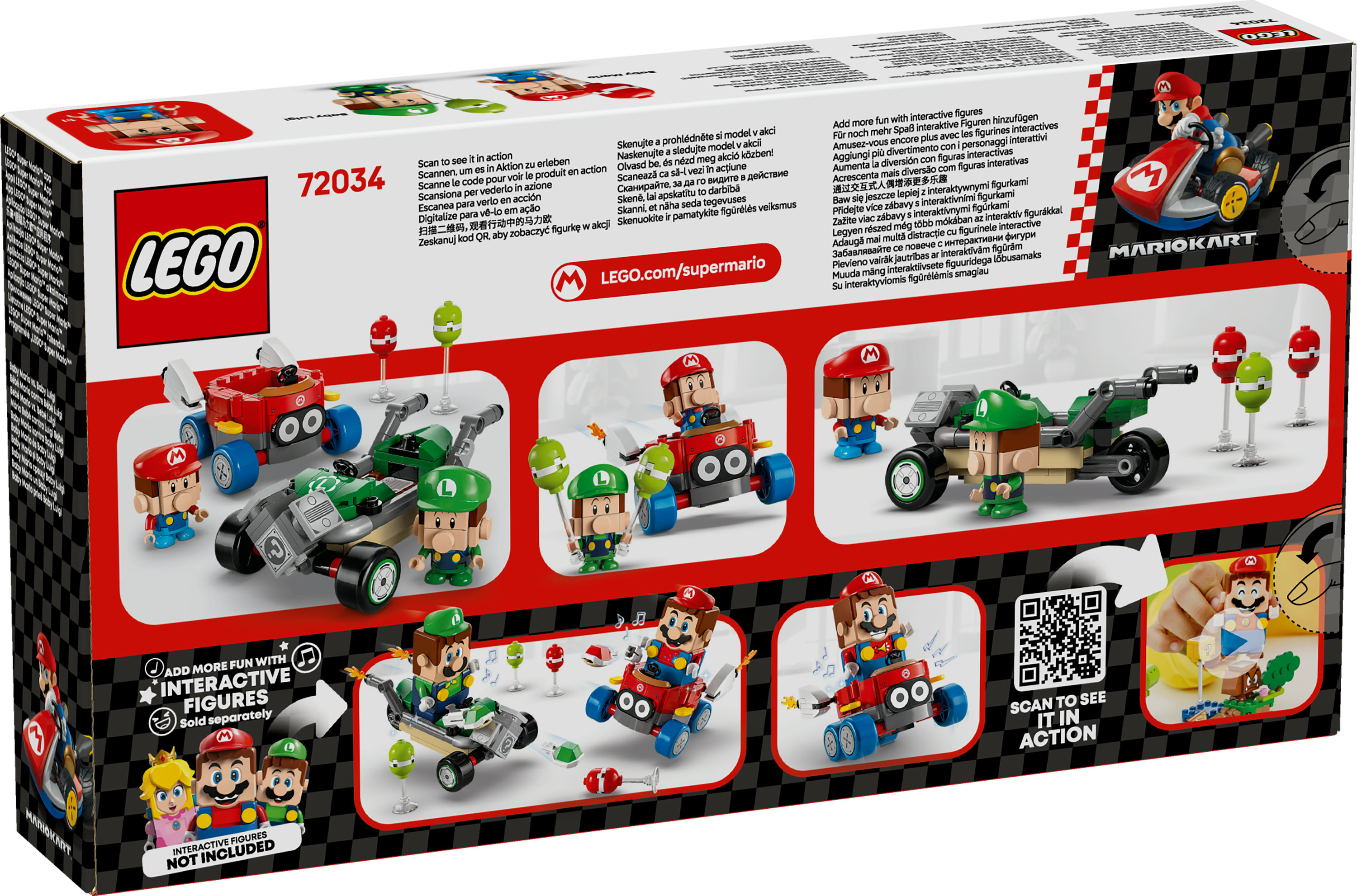 Grafika na pudełku: Zestaw Lego Mario Kart z figurkami Mario i Luigiego w gokartach, zielony i czerwony. Tło z logo.