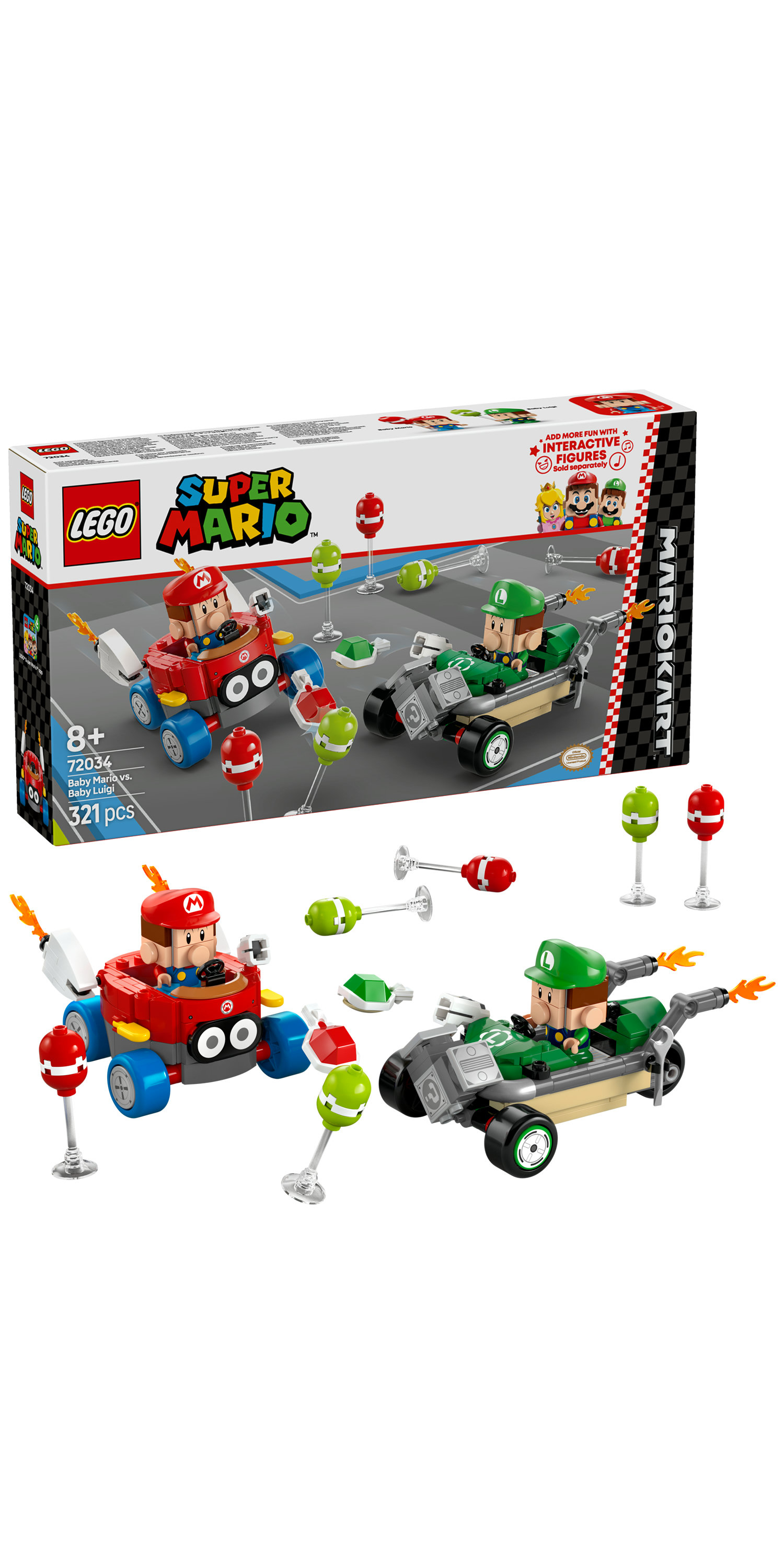 Zestaw Lego Super Mario. Baby Mario i Luigi w gokartach. Zawiera przeszkody i pudełko.