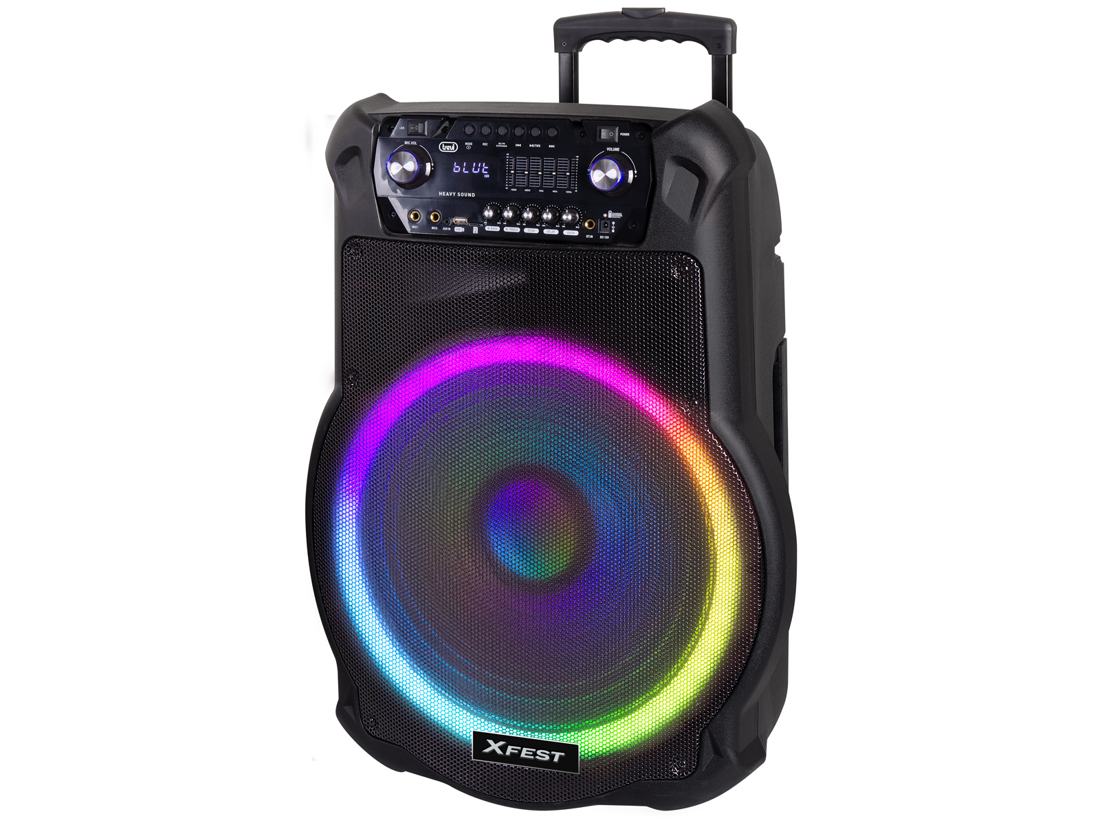 Czarny głośnik z tęczowym światłem LED wokół głośnika. Posiada przyciski sterowania i uchwyt. Marka to XFEST.