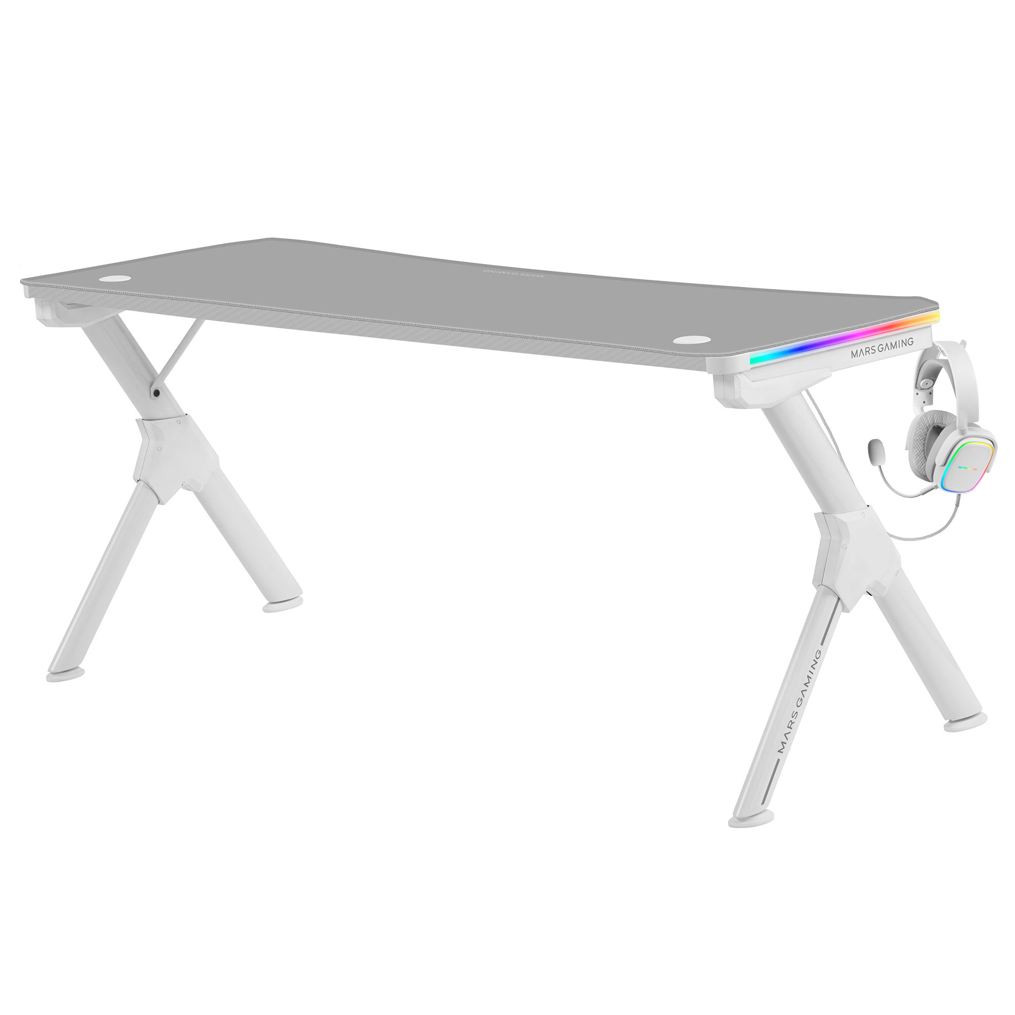Un escritorio gamer blanco con tapa gris, auriculares e iluminación RGB. El escritorio tiene un logo 'Mars Gaming'.