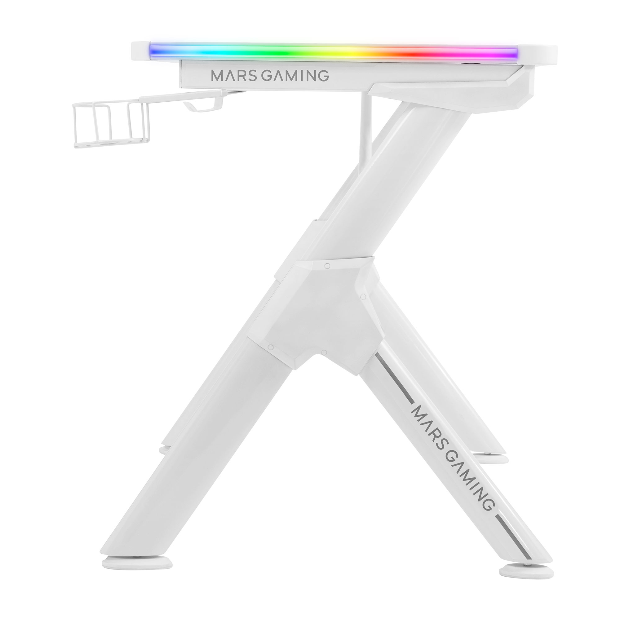 Escritorio gaming blanco con luces de colores. Tiene una cesta de metal y la marca MARS GAMING.