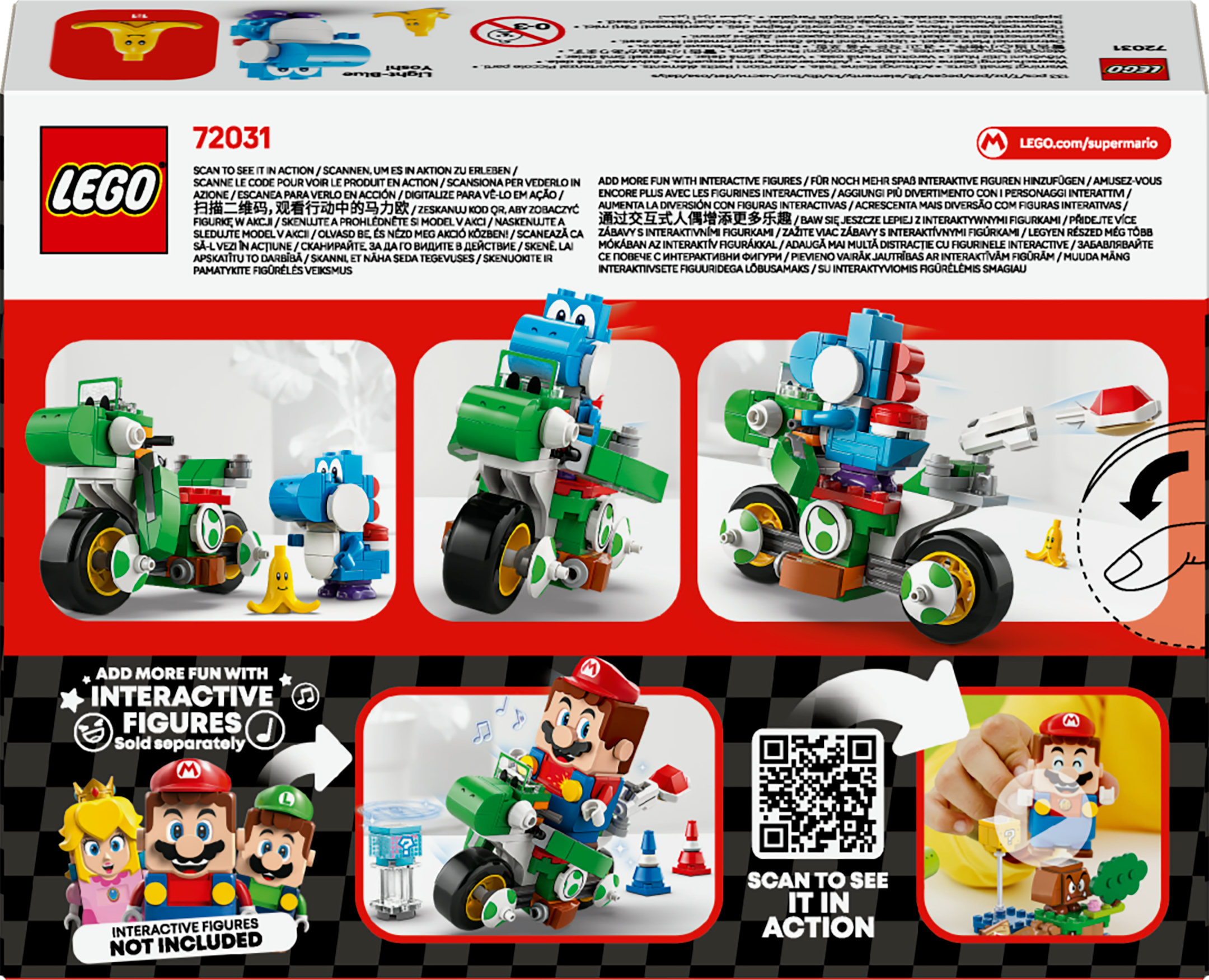 Lego-setdoos. Toont Lego-figuren op motoren. Bevat Mario, Luigi en Prinses Peach.