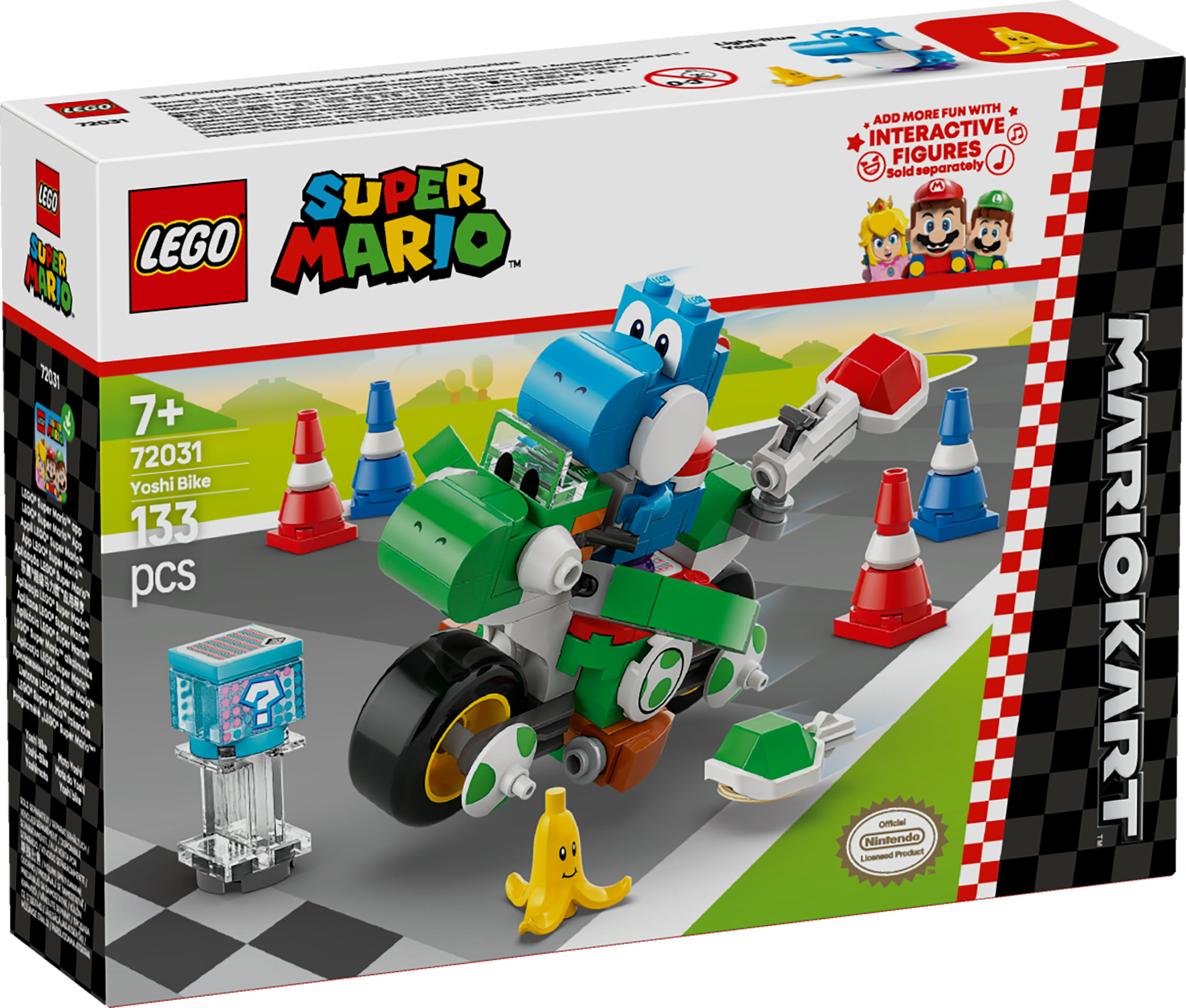 Lego Super Mario setdoos met Yoshi op een motor, kegels, banaan en vraagtekenblok op een racebaan.