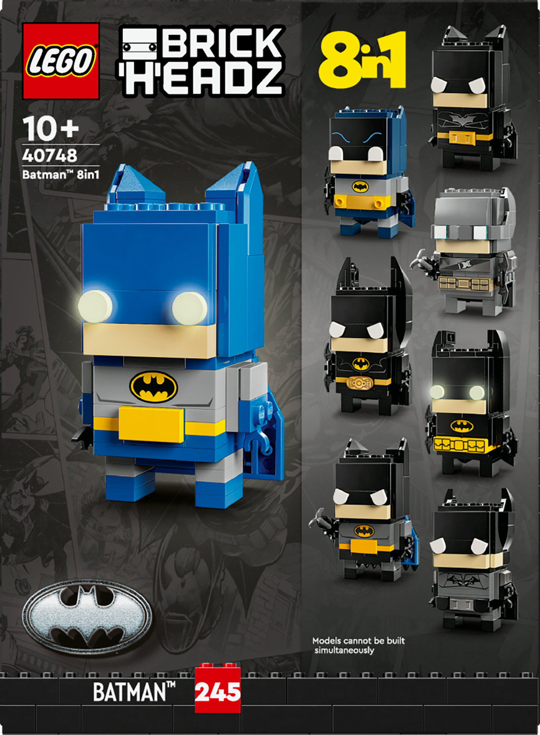 Set Lego BrickHeadz Batman. Include un modello grande di Batman e diverse figure più piccole di Batman in varie pose.