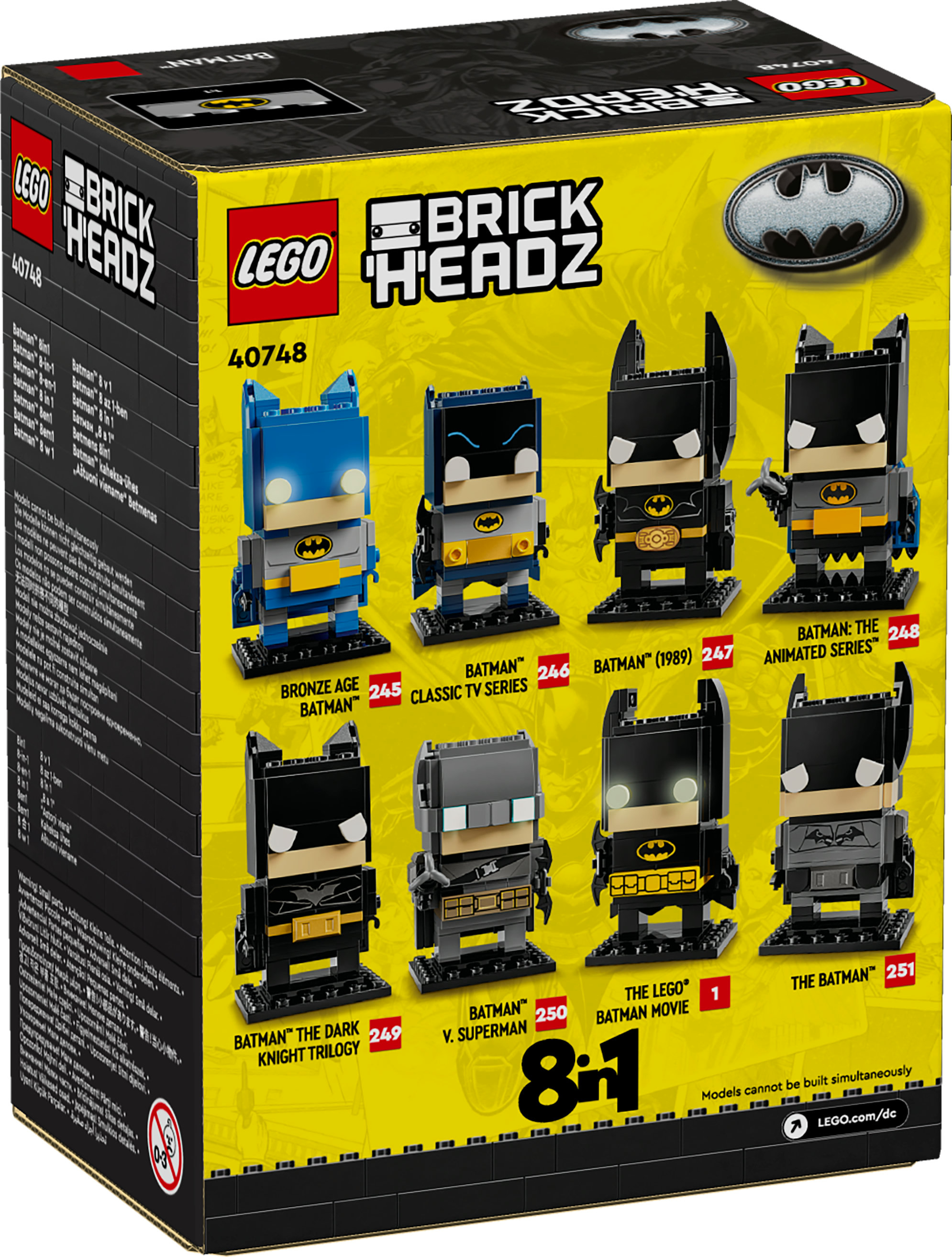 Box art per un set Lego BrickHeadz. Presenta varie figure e loghi di Batman. Sfondo giallo.