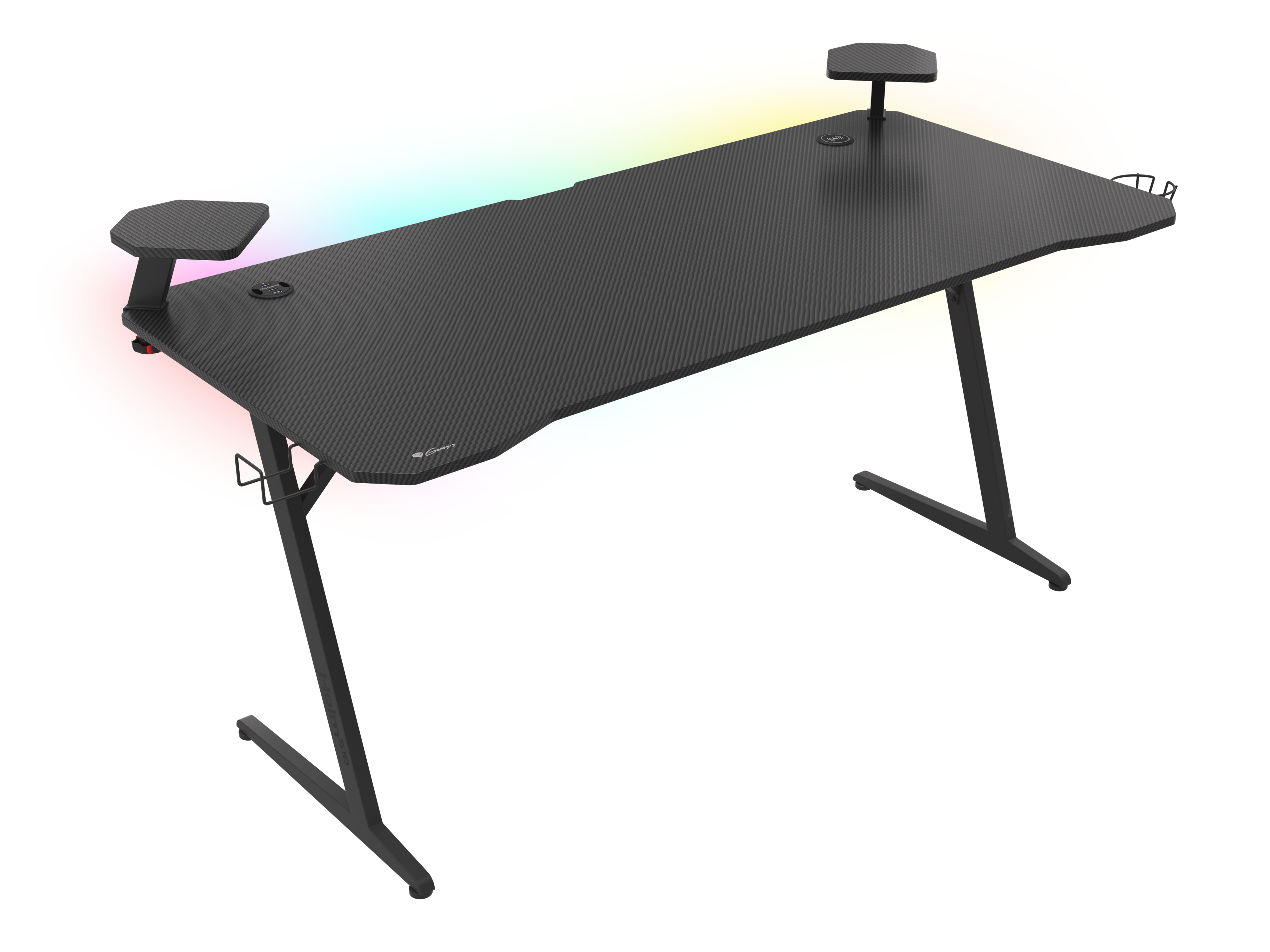 Schwarzer Gaming-Schreibtisch mit zwei Armlehnen und Carbonfaserstruktur. Er hat RGB-Beleuchtung und einen weißen Hintergrund.