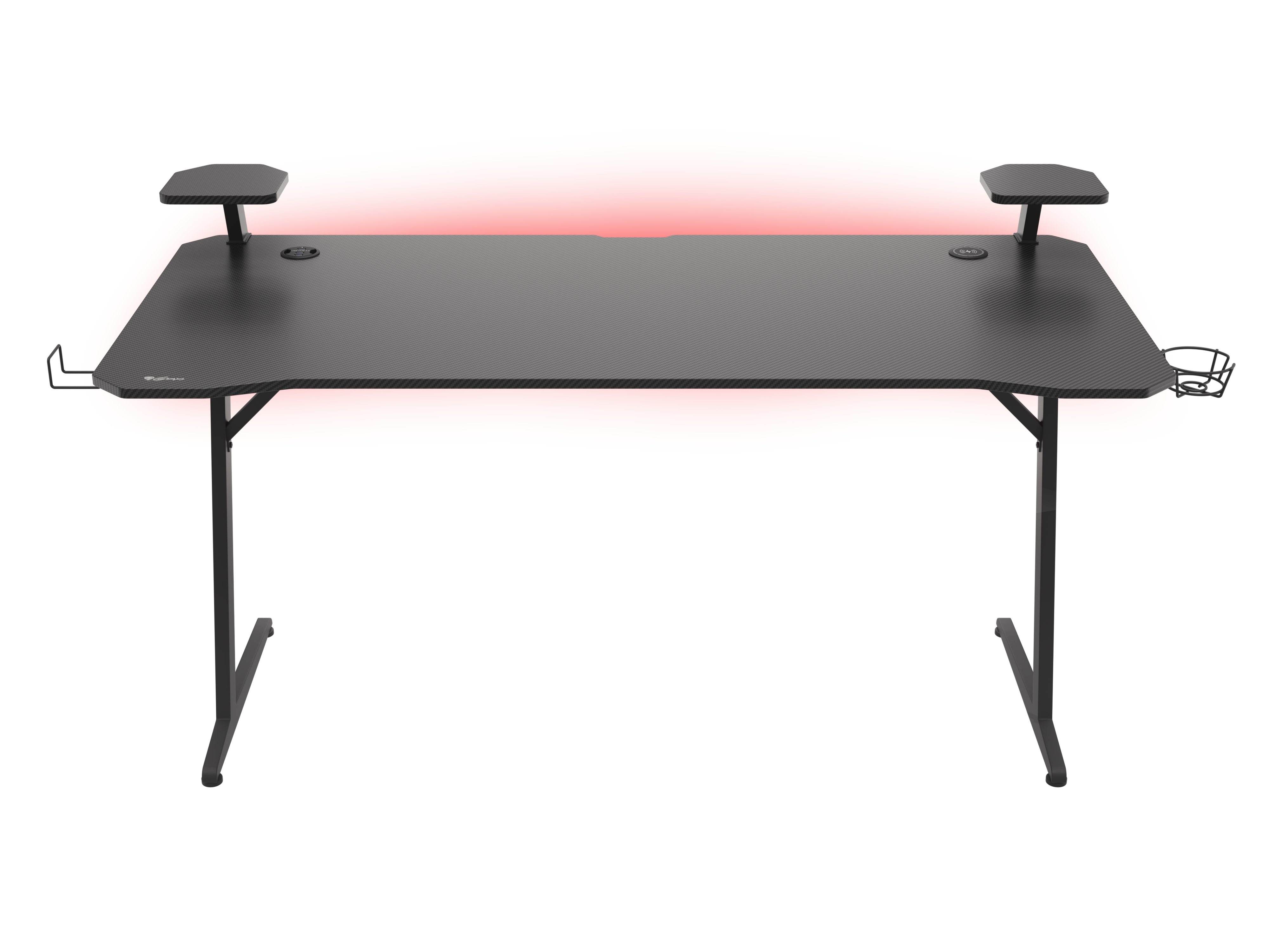 Schwarzer Gaming-Schreibtisch mit roter Hintergrundbeleuchtung, zwei Armlehnen und einem Becherhalter. Schwarze Beine.