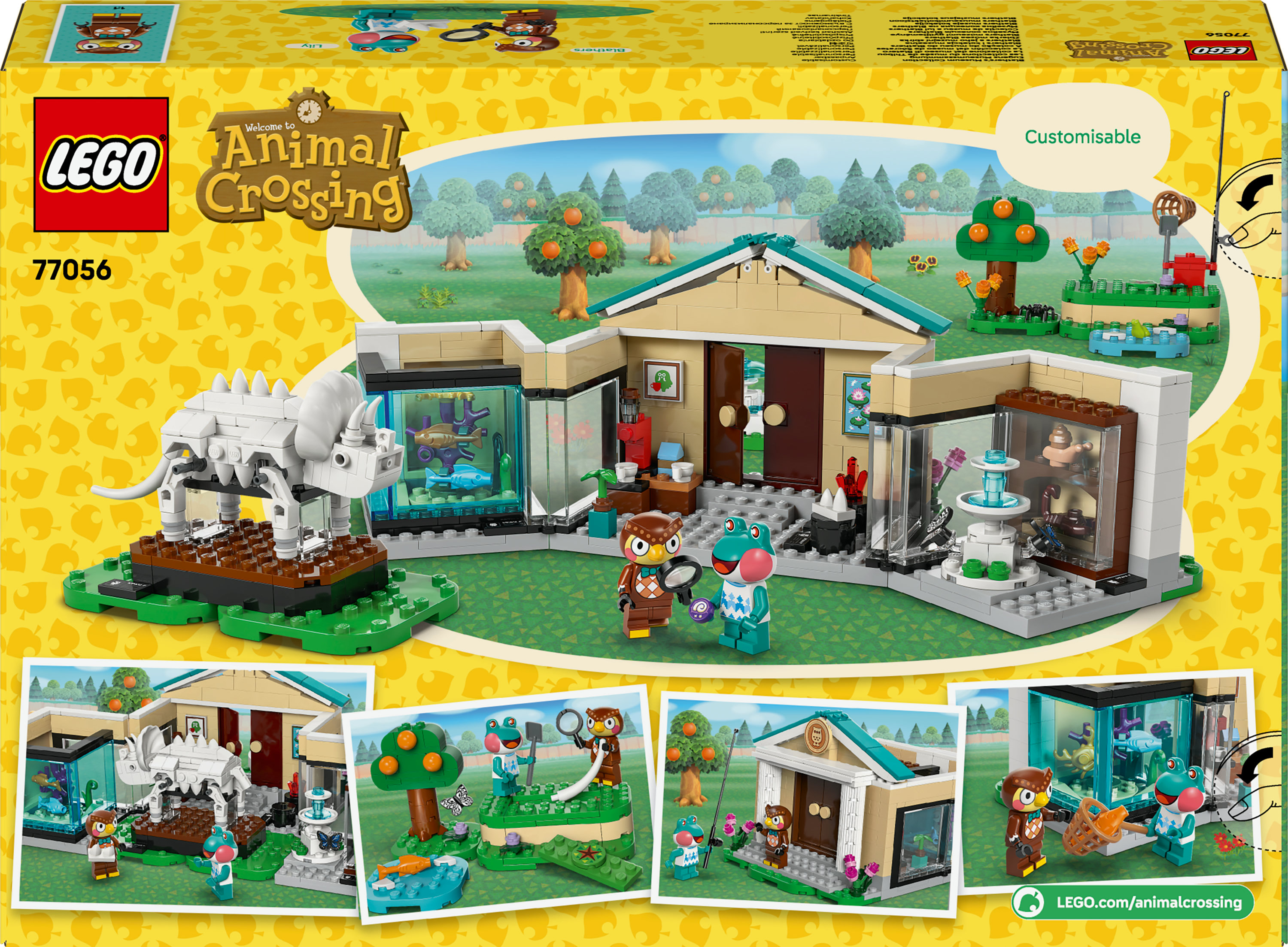 Set Lego Animal Crossing. Include personaggi, edifici, alberi e uno scheletro di dinosauro. Lo sfondo ha alberi ed erba.