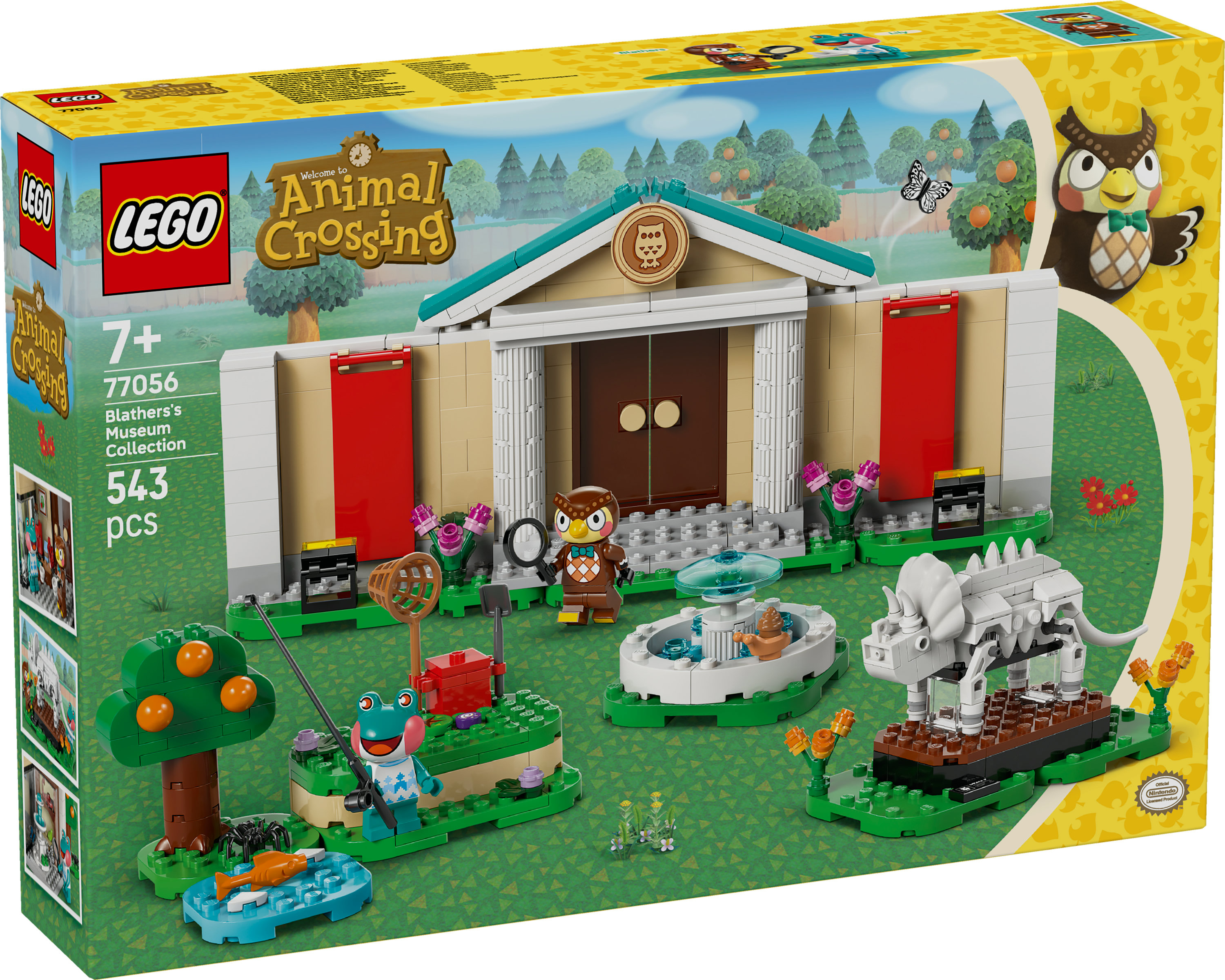 Set LEGO Animal Crossing. Presenta un edificio del museo, personaggi e vari elementi decorativi su una base verde.